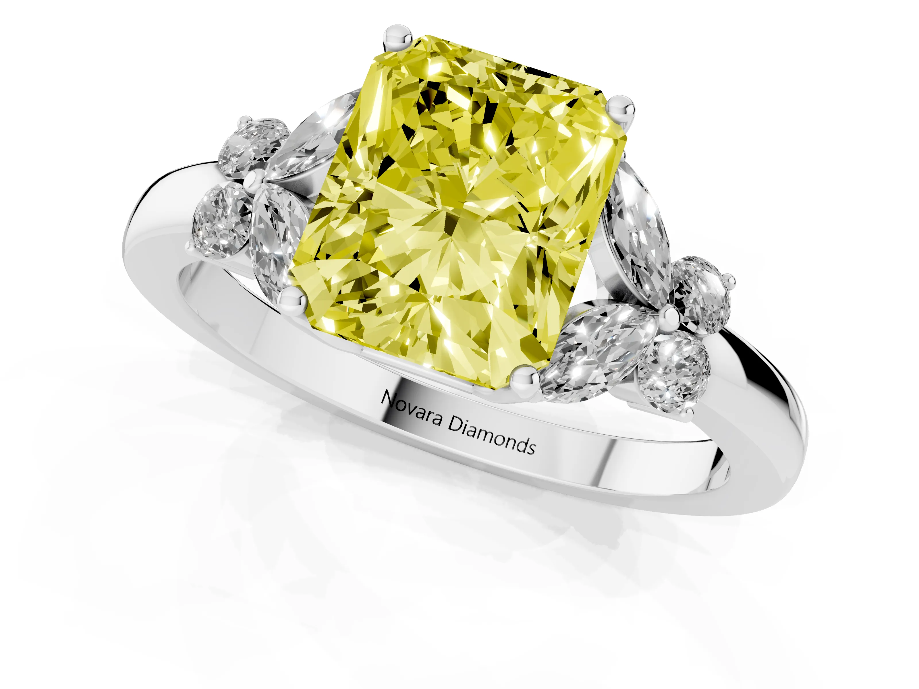 Fancy Yellow Radiant Cut Diamond Solitaire Floral Ring Set in White gold with Marquise Petals and Prong Setting