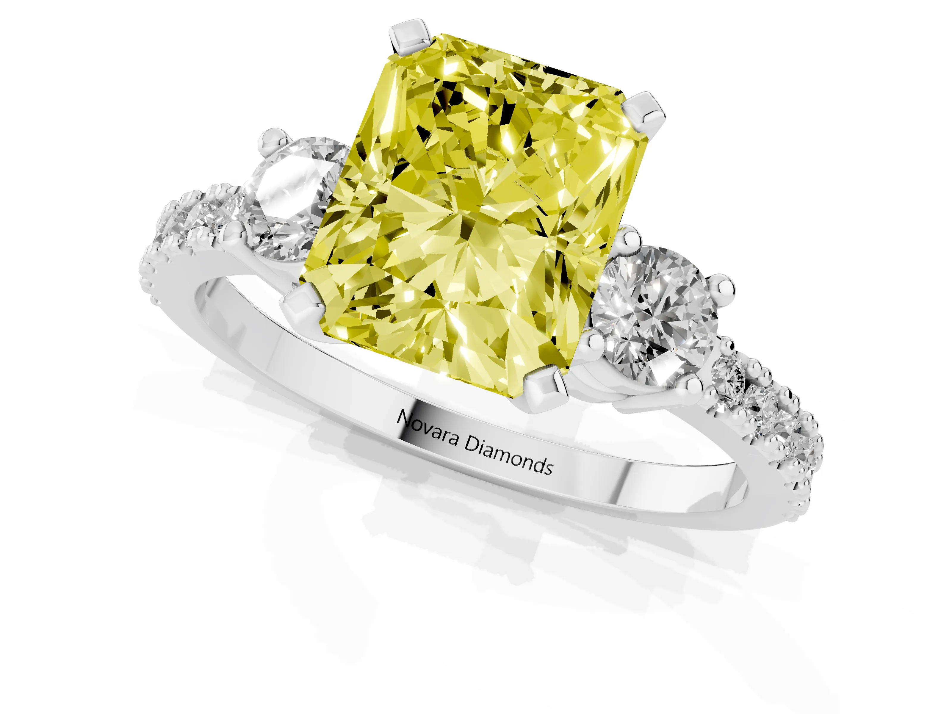 Fancy Yellow Three-Stone Radiant Cut Diamond Pavé Band Ring Set in Platinum with Prong Setting