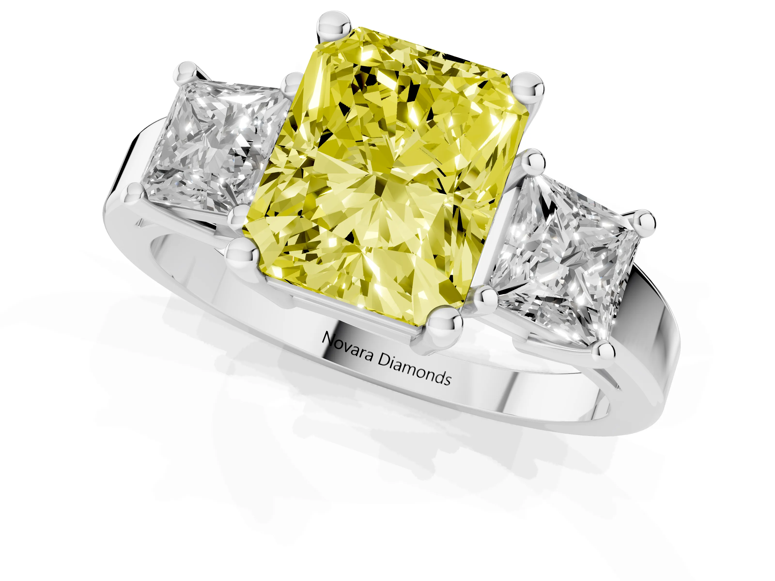 Fancy Yellow Three-Stone Radiant Cut Diamond Solitaire Ring Set in Platinum with Prong Setting