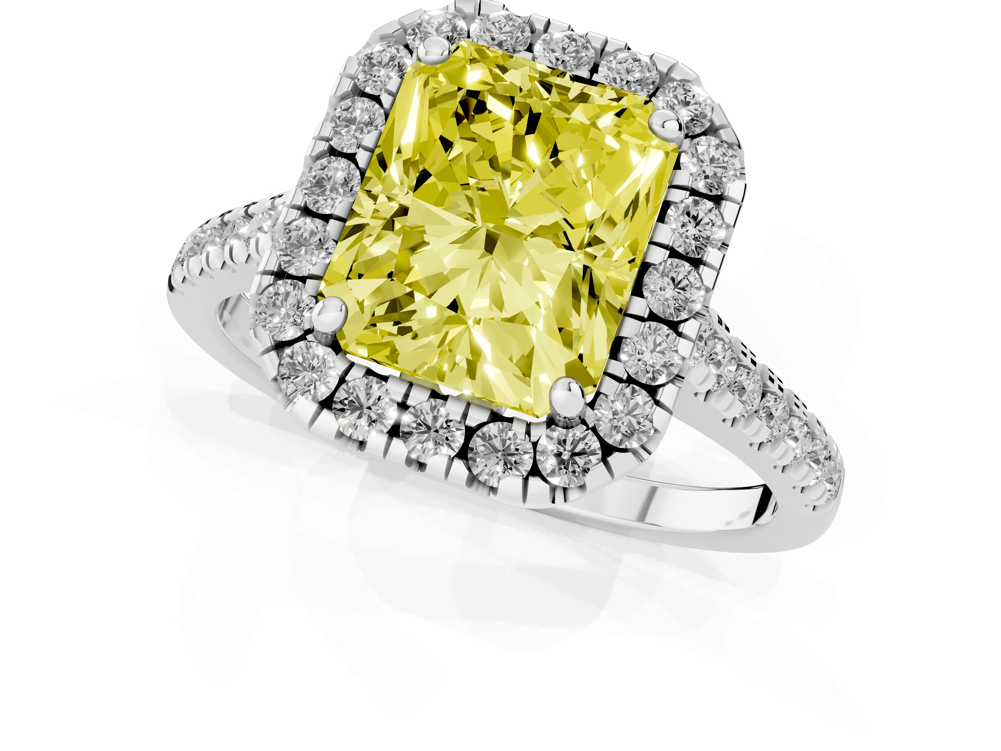 Fancy Yellow Radiant Cut Diamond Cushion Halo Ring Set in White gold with Pavé Band – second view
