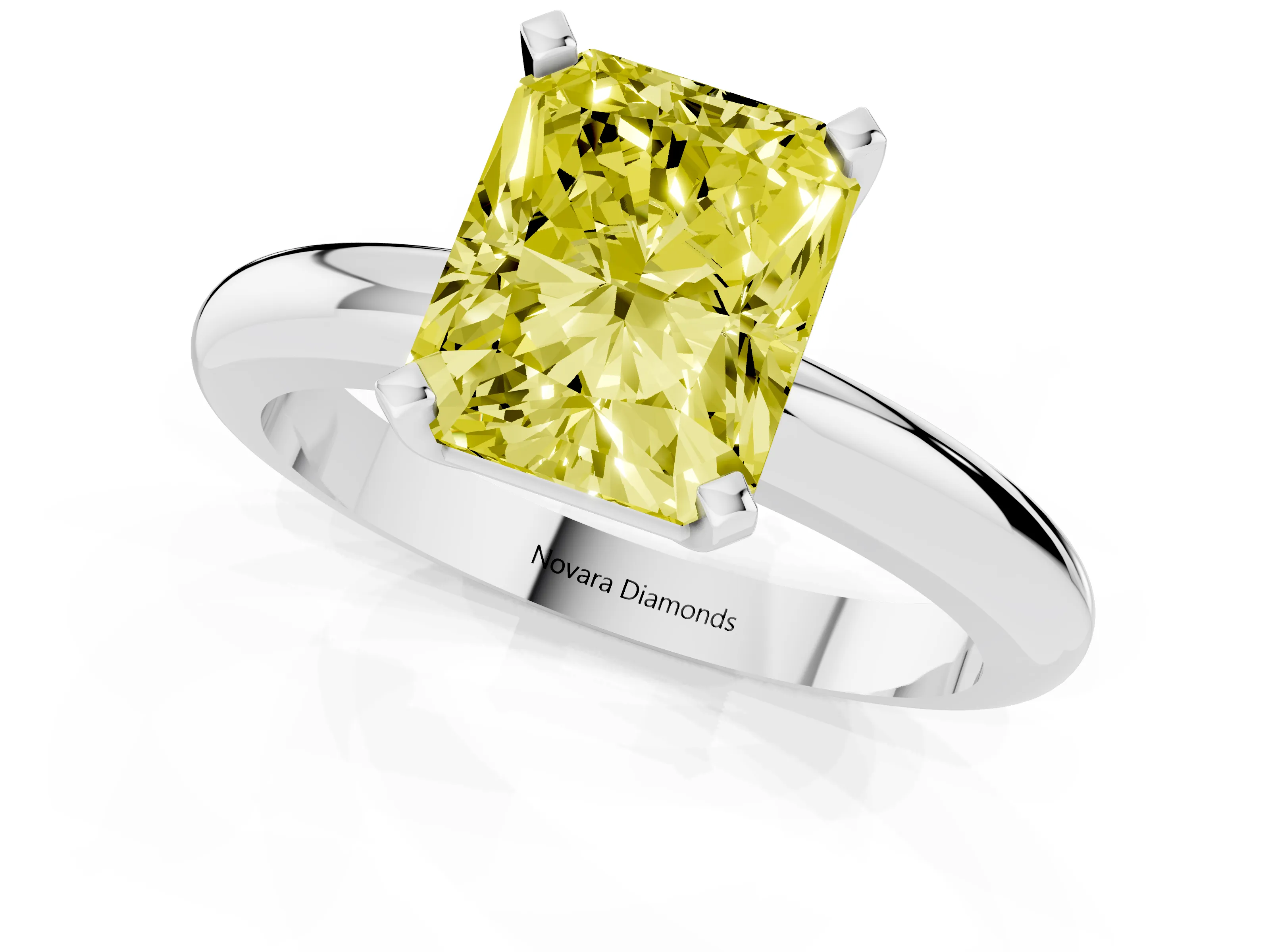 Fancy Yellow Radiant Cut Diamond Solitaire Engagement Ring Set in Platinum with Round Band and Prong Setting