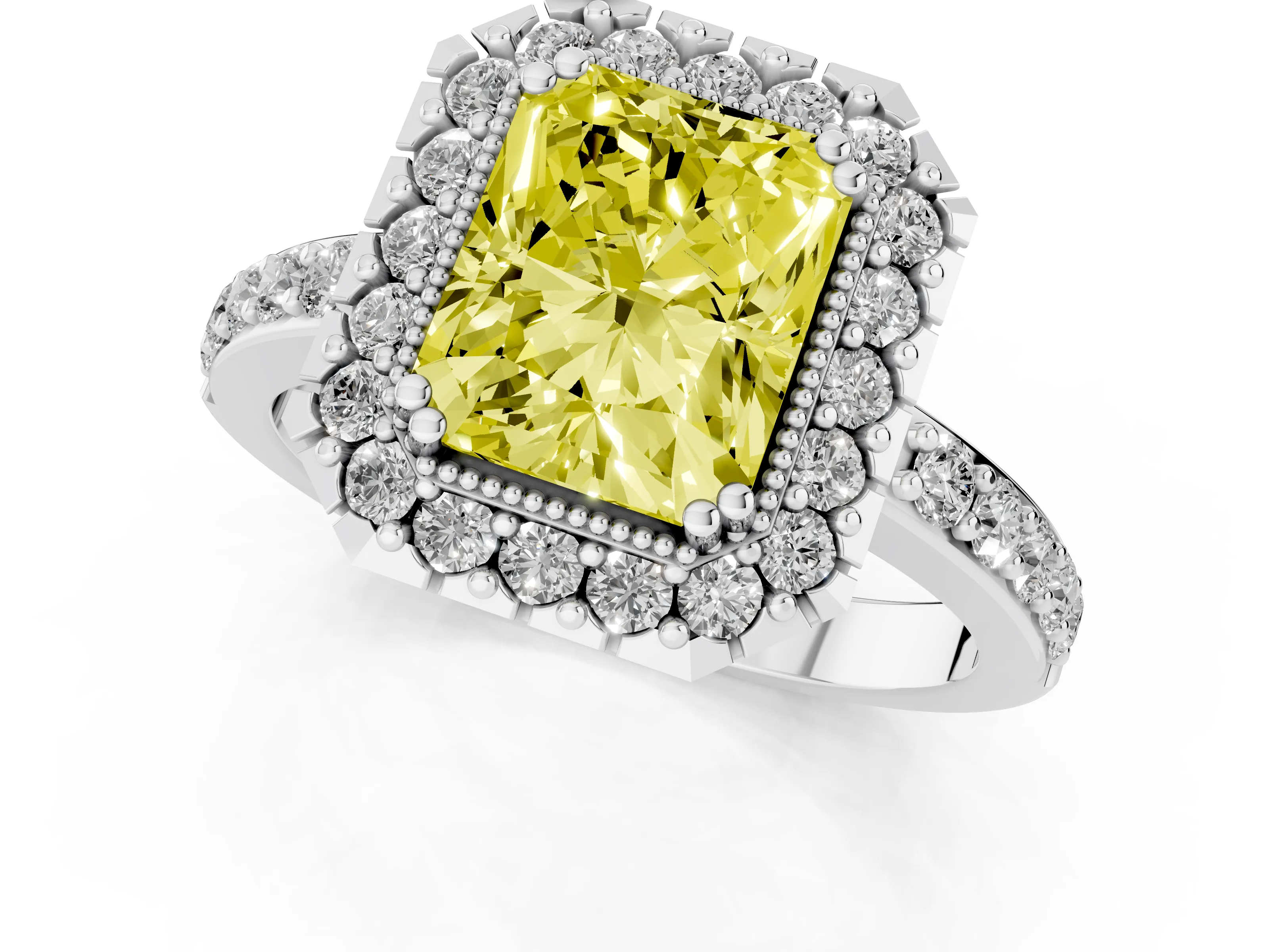 Fancy Yellow Radiant Cut Diamond Halo Ring Set in White gold with Pavé Shank and Prong Setting