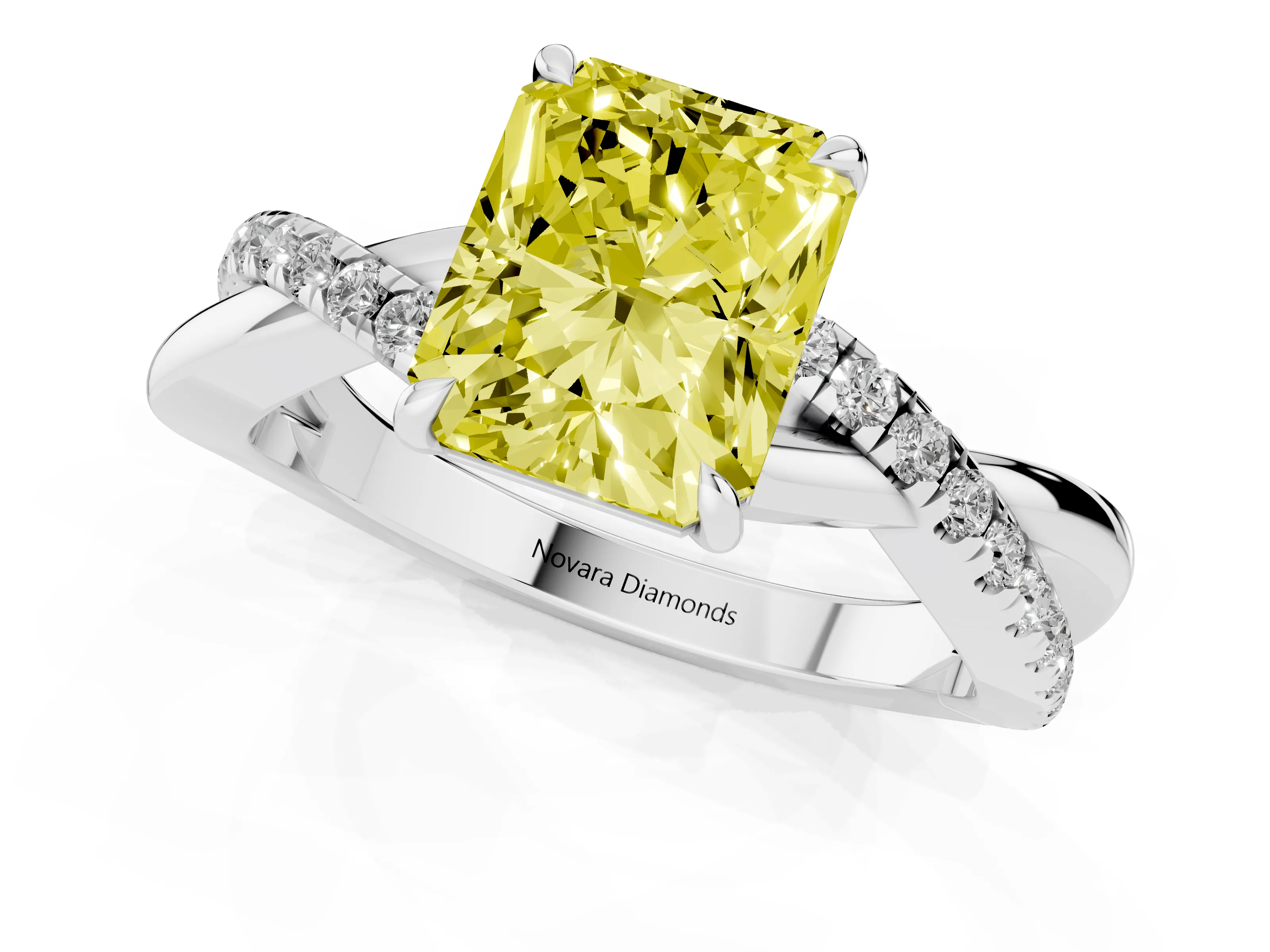 Fancy Yellow Radiant Cut Diamond Twisted Pavé Band Ring Set in Silver with Prong Setting