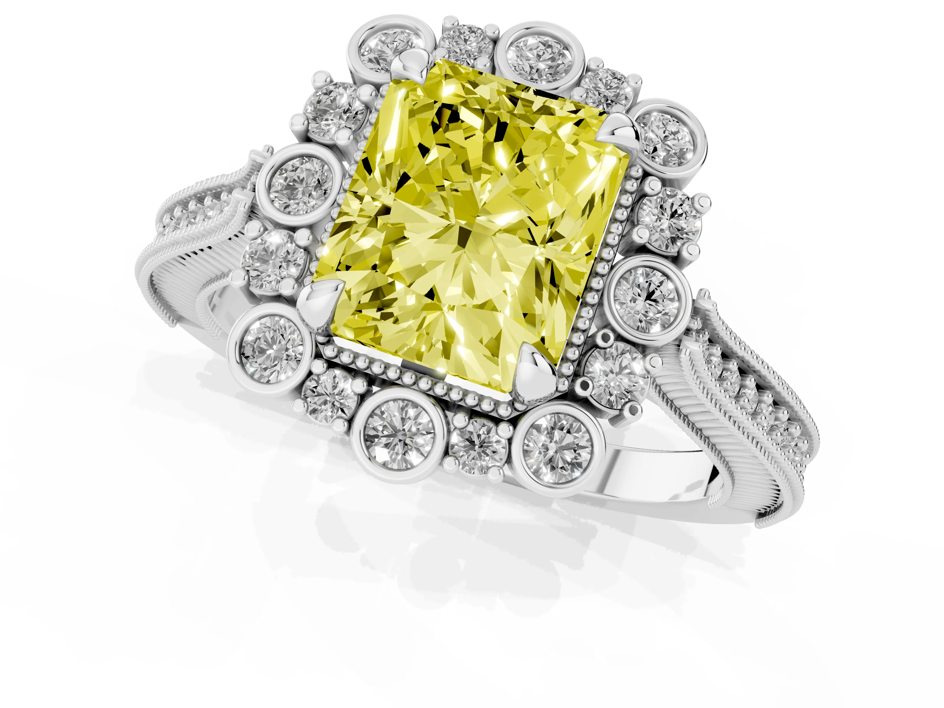 Fancy Yellow Radiant Cut Diamond Halo Milgrain Pavé Ring Set in Platinum with Prong Setting