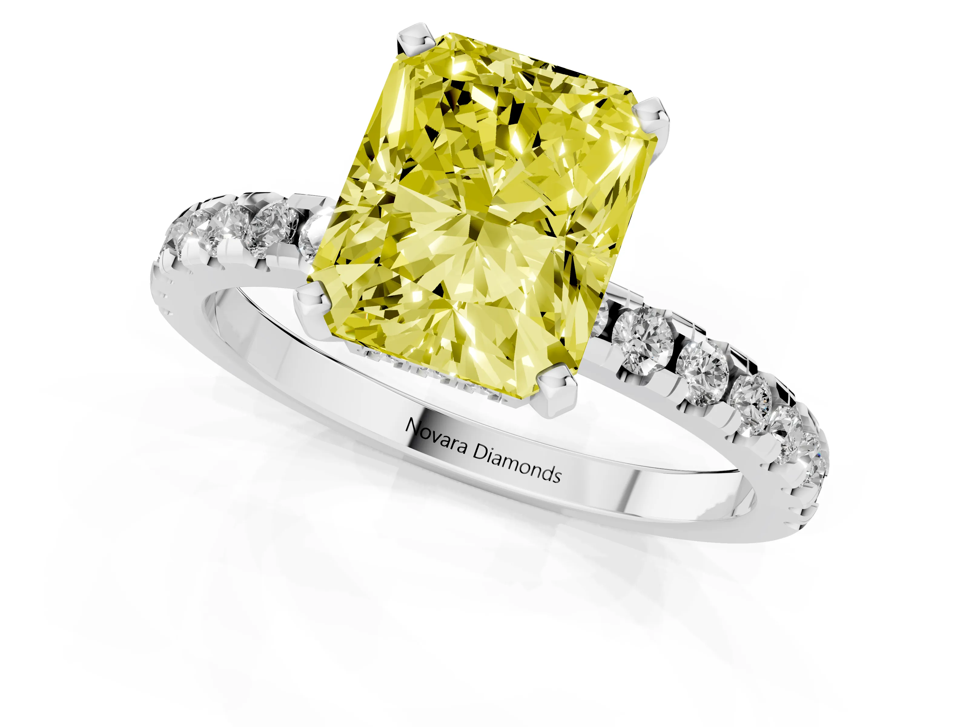 Fancy Yellow Radiant Cut Diamond Pavé Solitaire Ring Set in Silver with Round Band Accents and Prong Setting