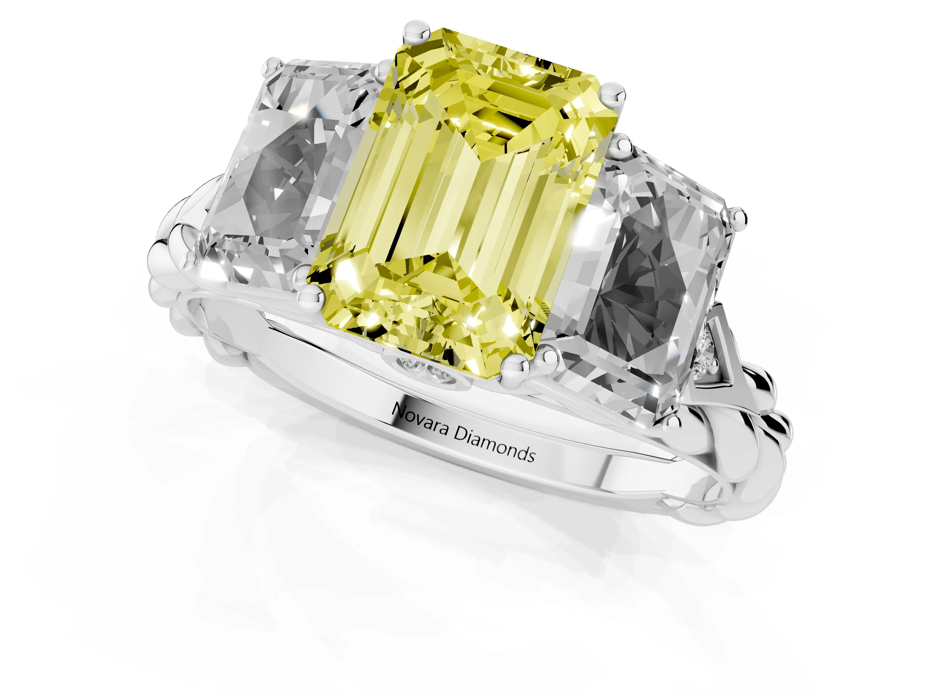 Fancy Yellow Radiant Cut Diamond Three-Stone Ring Set in Platinum with Braided Band