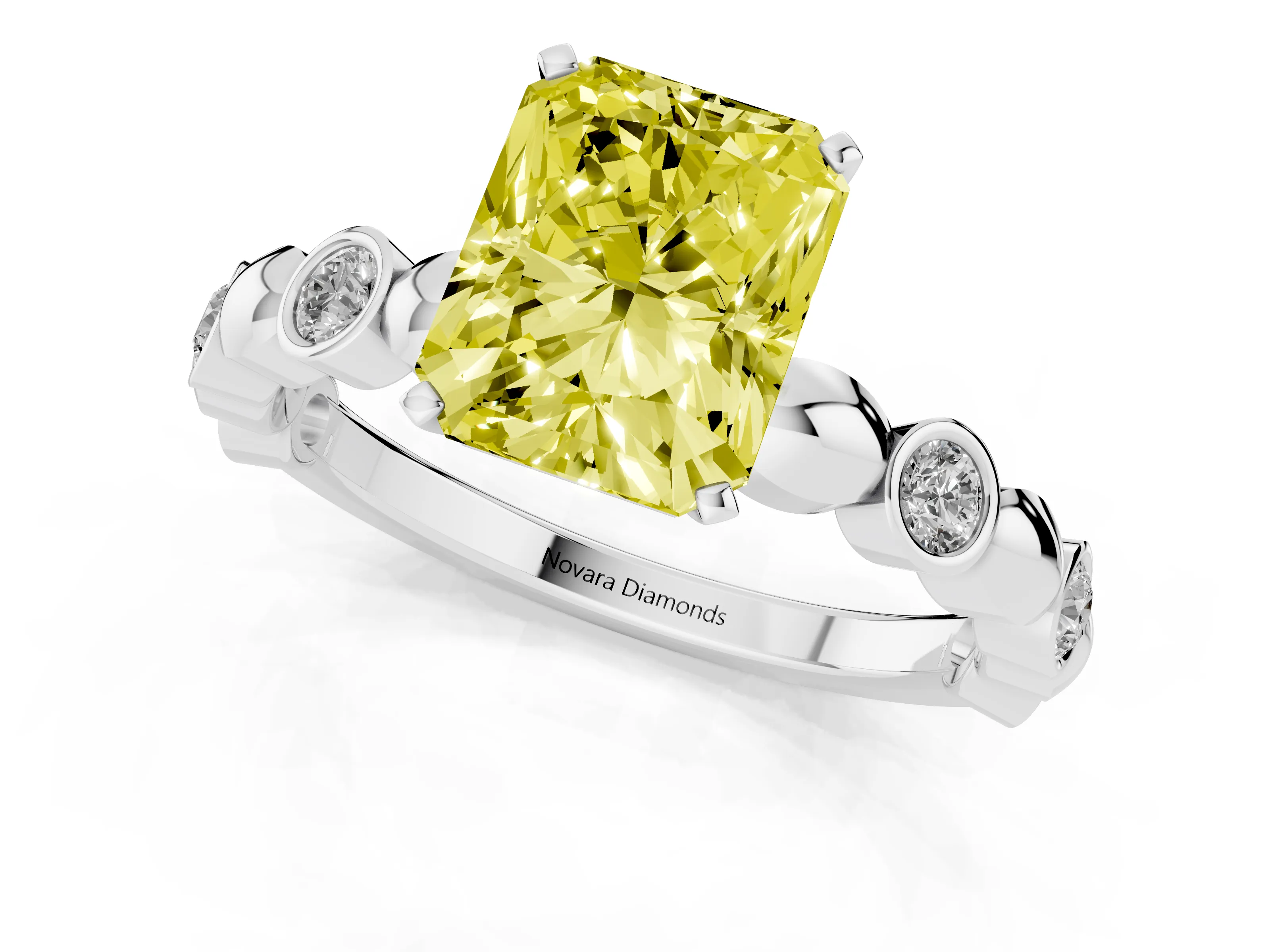 Fancy Yellow Radiant Cut Diamond Solitaire Ring Set in White gold with Bezel-Set Accents on Beaded Band and Prong Setting