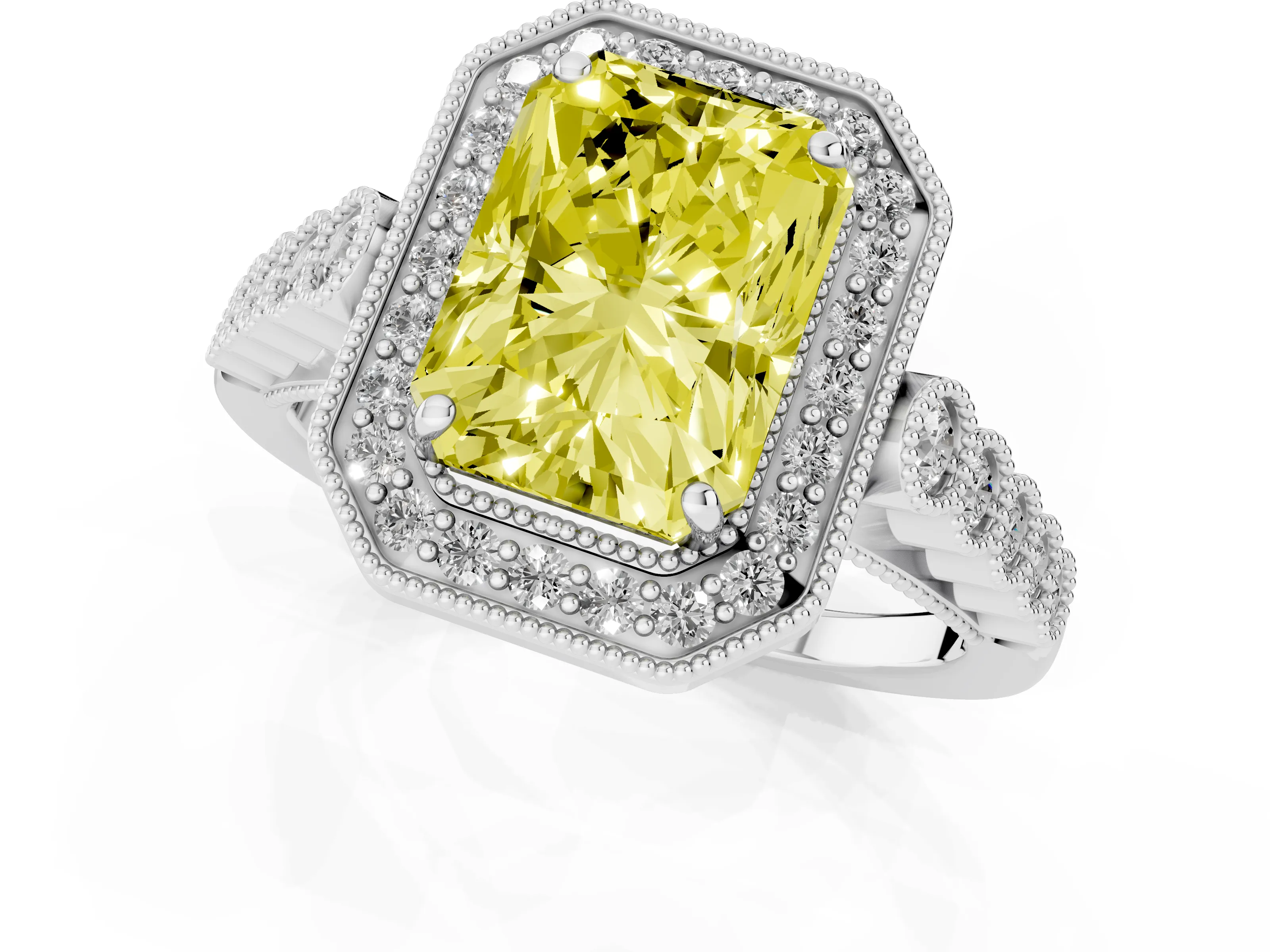 Fancy Yellow Radiant Cut Diamond Milgrain Halo Solitaire Ring Set in White gold with Bezel Set Side Stones and Pavé Band