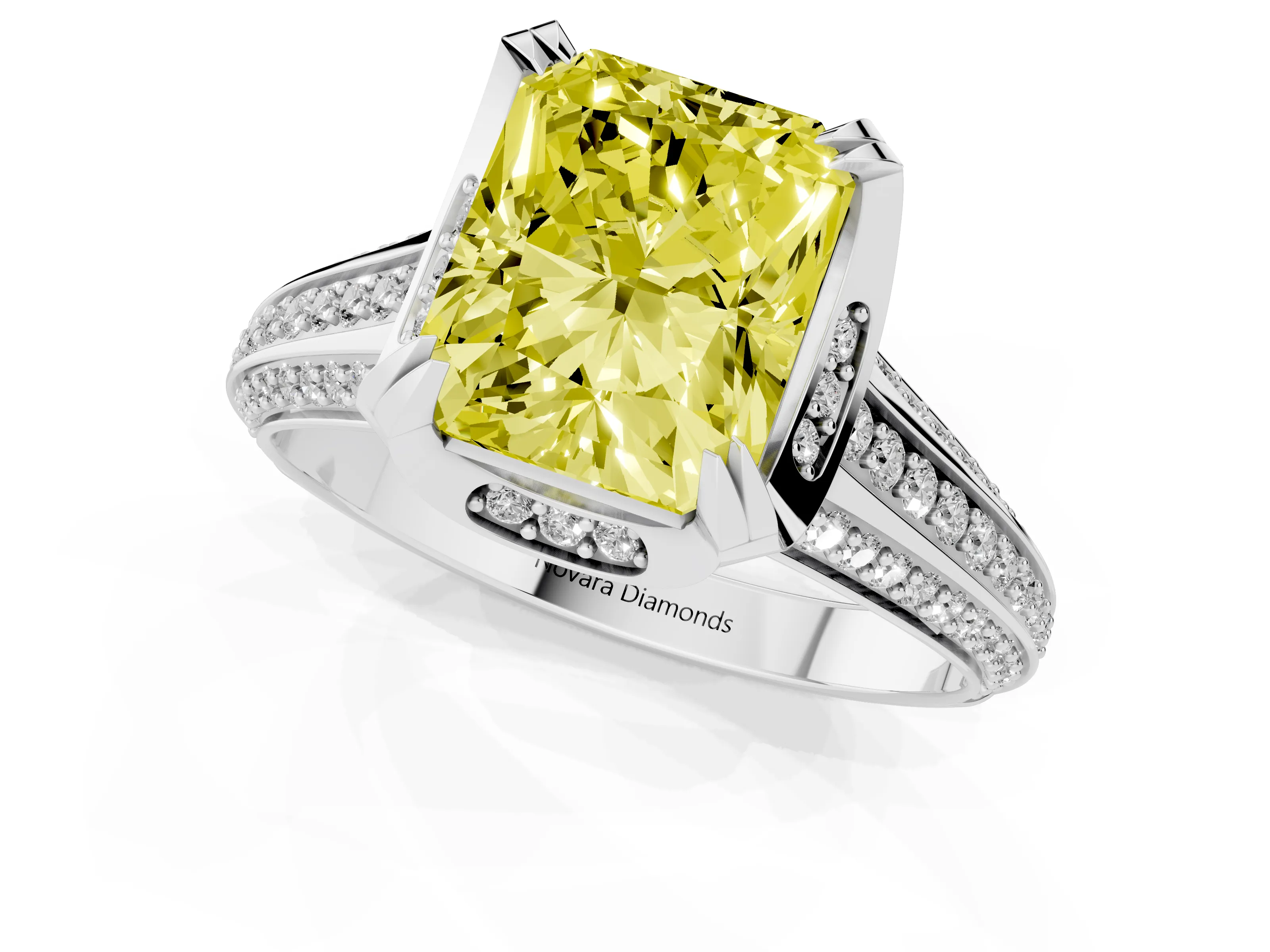 Fancy Yellow Radiant Cut Diamond Pavé Split Shank Solitaire Ring Set in Silver with Prong Setting