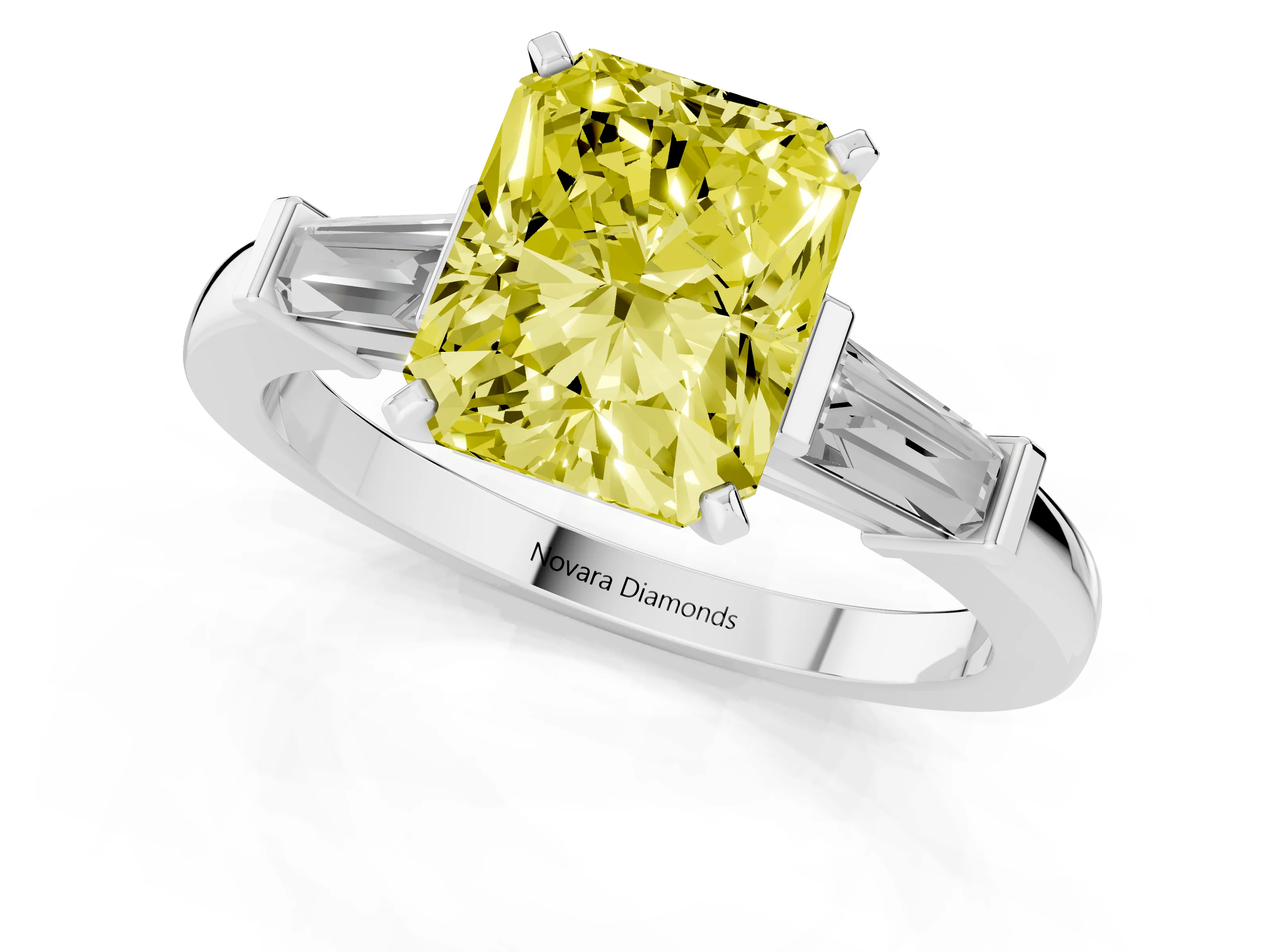 Fancy Yellow Radiant Cut Diamond Solitaire Ring Set in White gold with Tapered Baguette Accents and Prong Setting