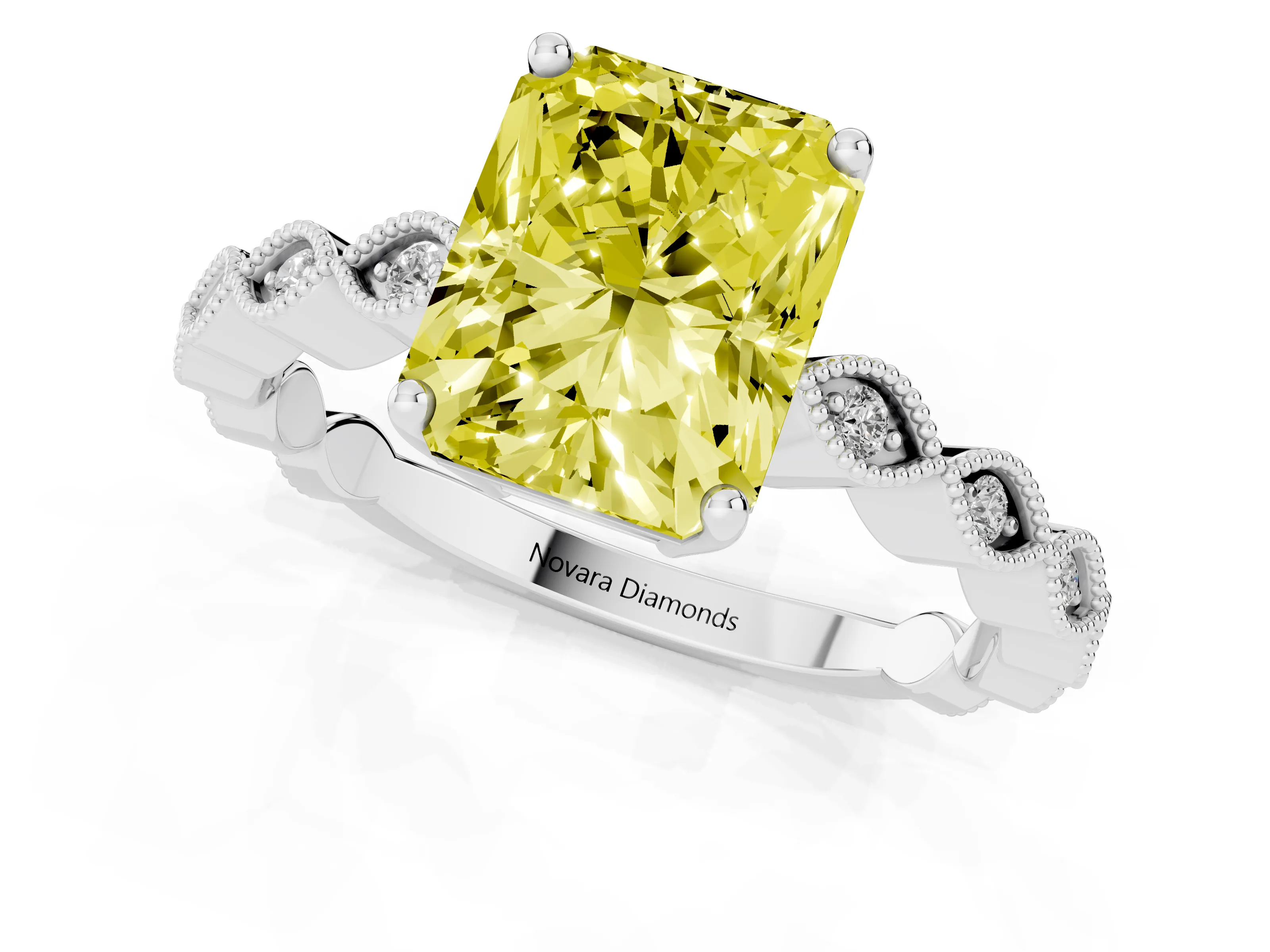 Fancy Yellow Radiant Cut Diamond Solitaire Ring Set in Platinum with Infinity Twist Pavé Band