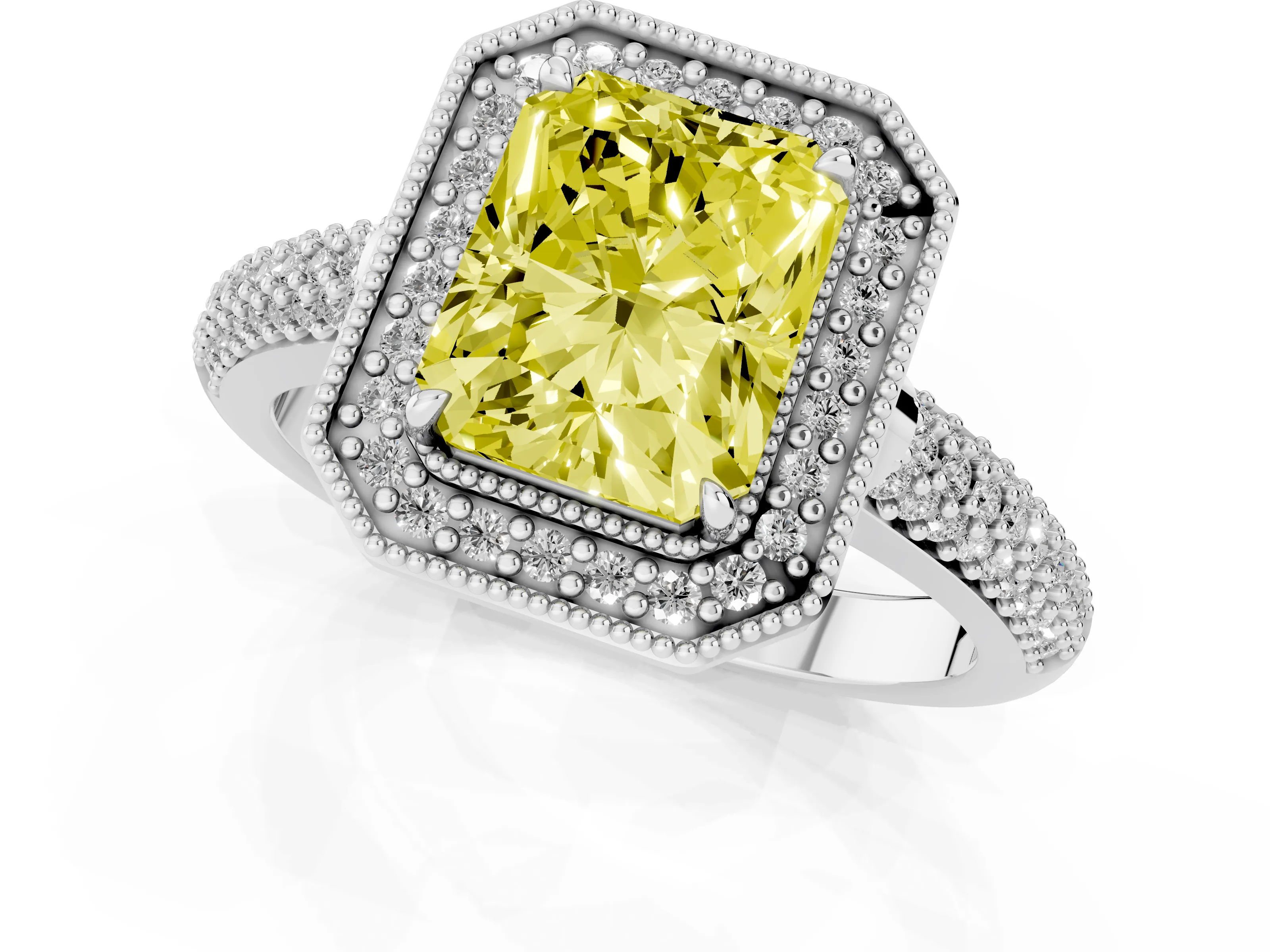 Fancy Yellow Radiant Cut Diamond Halo Pavé Band Set in White gold with Prong Setting