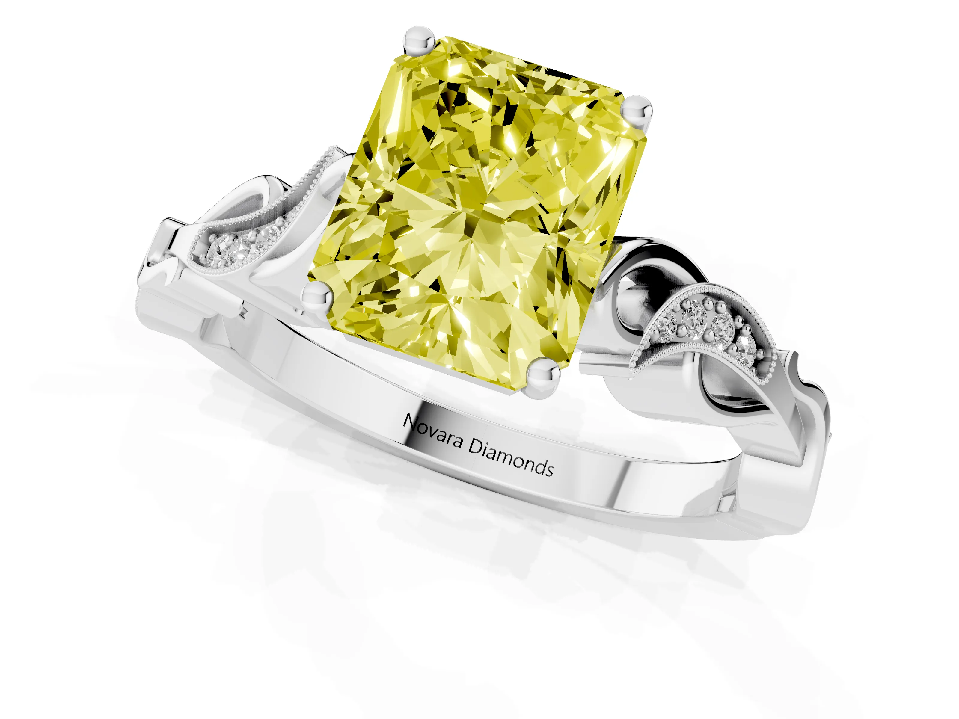 Fancy Yellow Radiant Cut Diamond Vine Band Solitaire Ring Set in Platinum with Milgrain Prong Setting