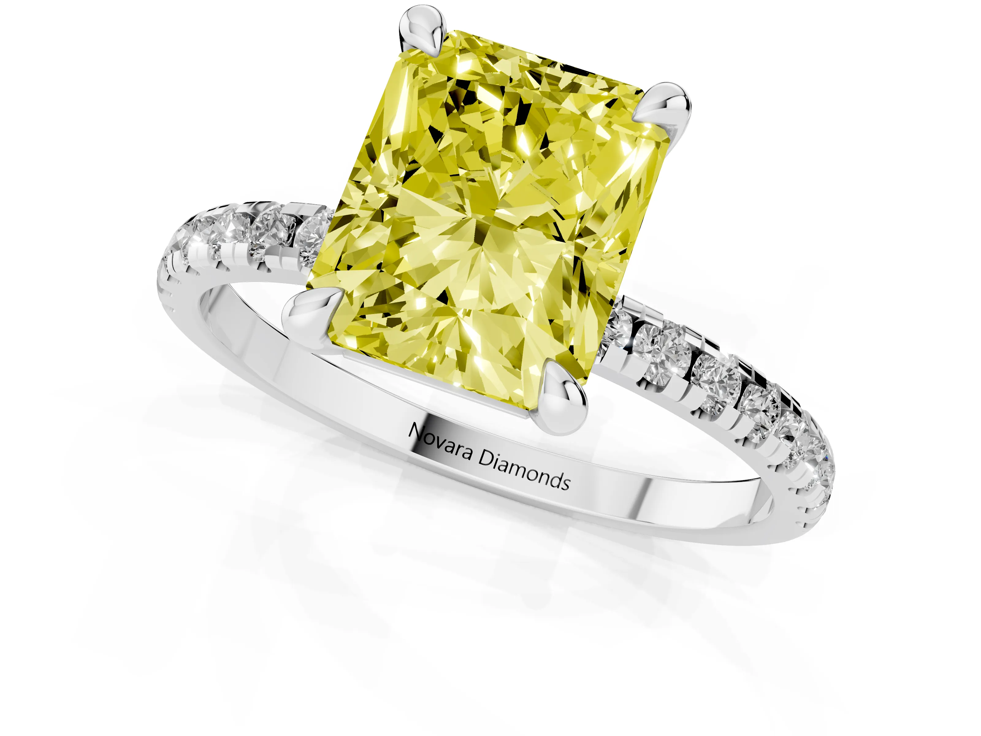 Fancy Yellow Radiant Cut Diamond Brilliant Solitaire Ring Set in White gold with Pavé Band and Prong Setting