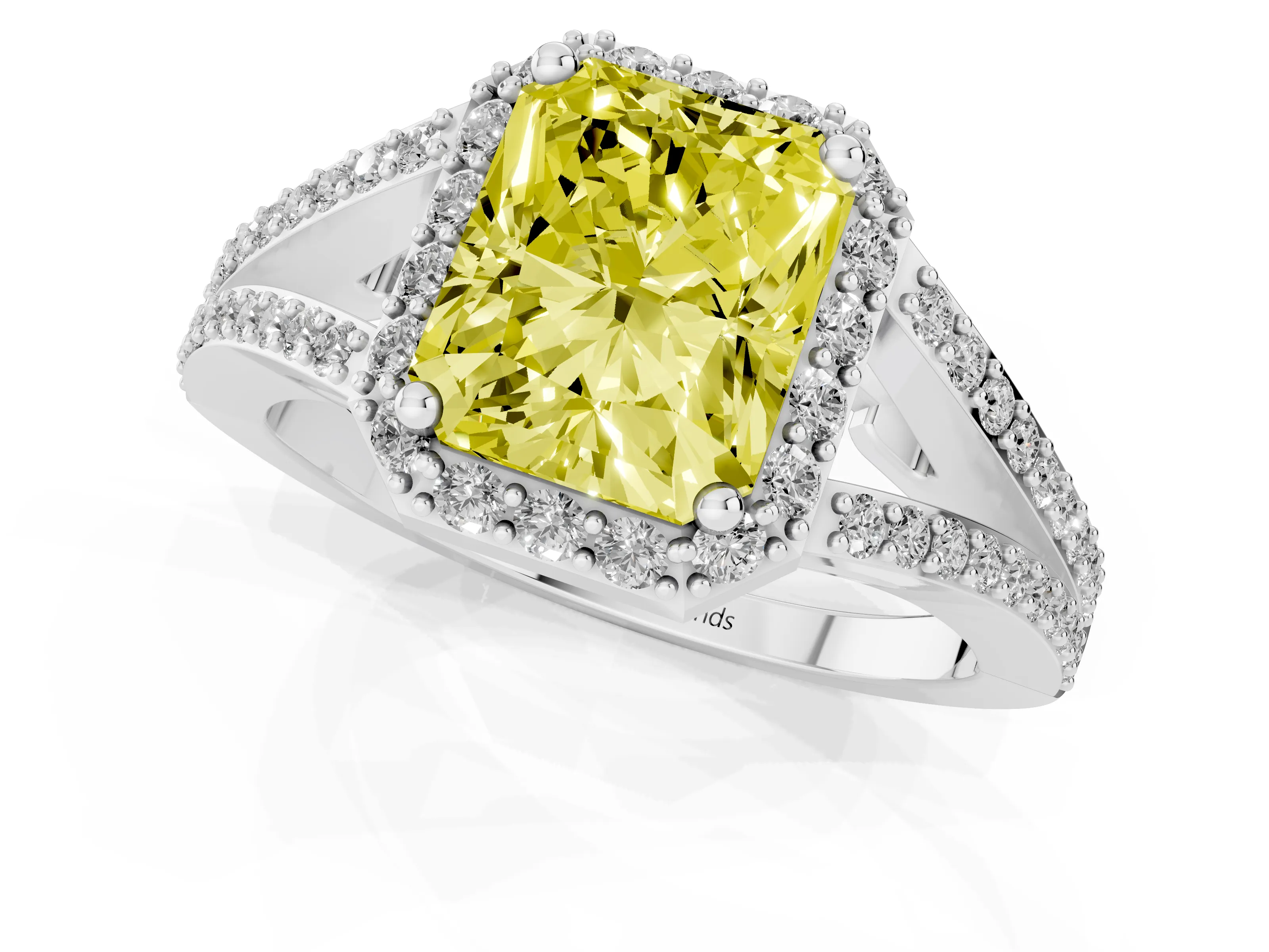 Fancy Yellow Radiant Cut Diamond Halo Split Shank Pavé Ring Set in Silver with Prong Setting