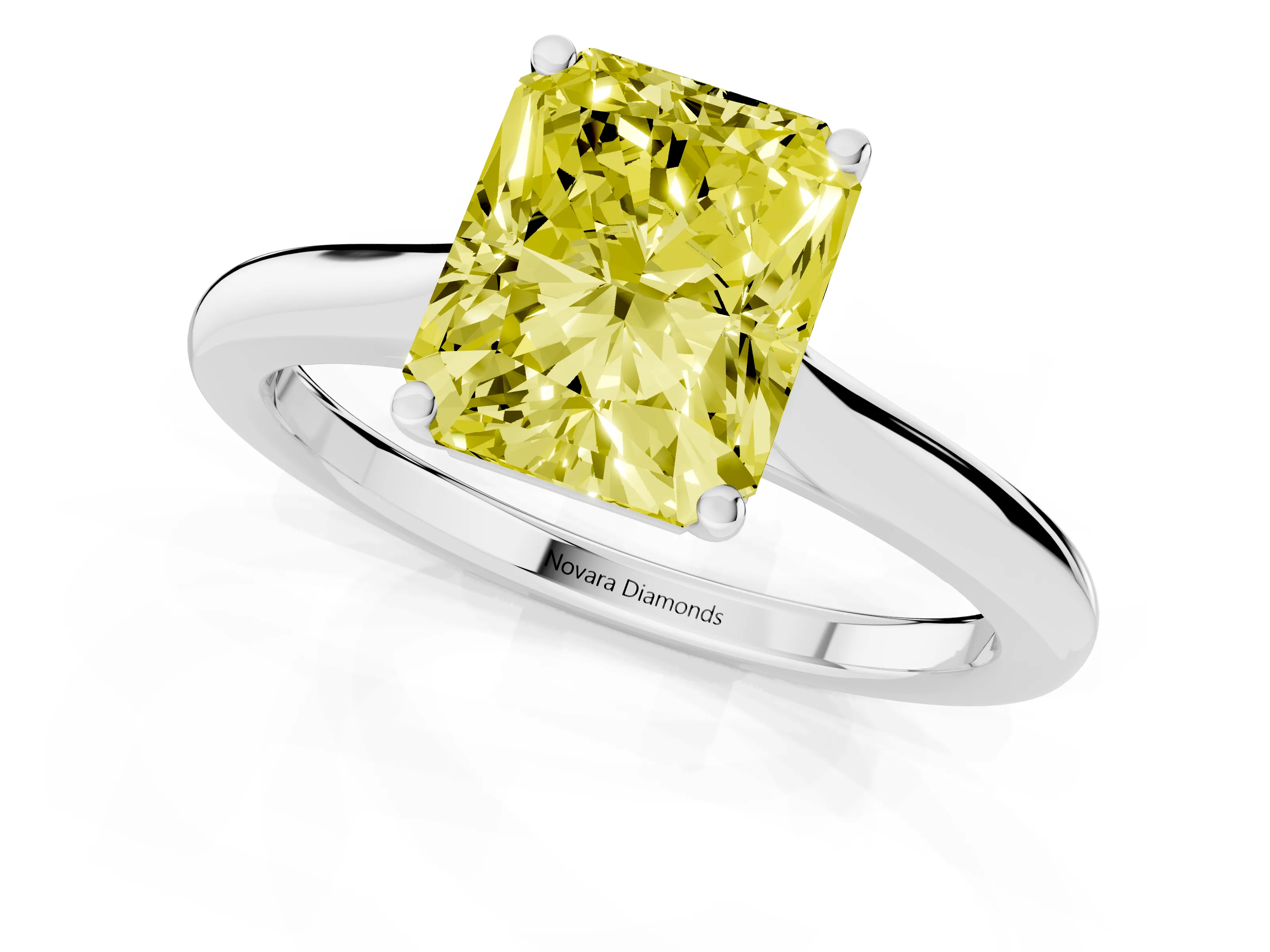 Fancy Yellow Radiant Cut Diamond Solitaire Ring Set in Platinum with Cathedral Band and Prong Setting