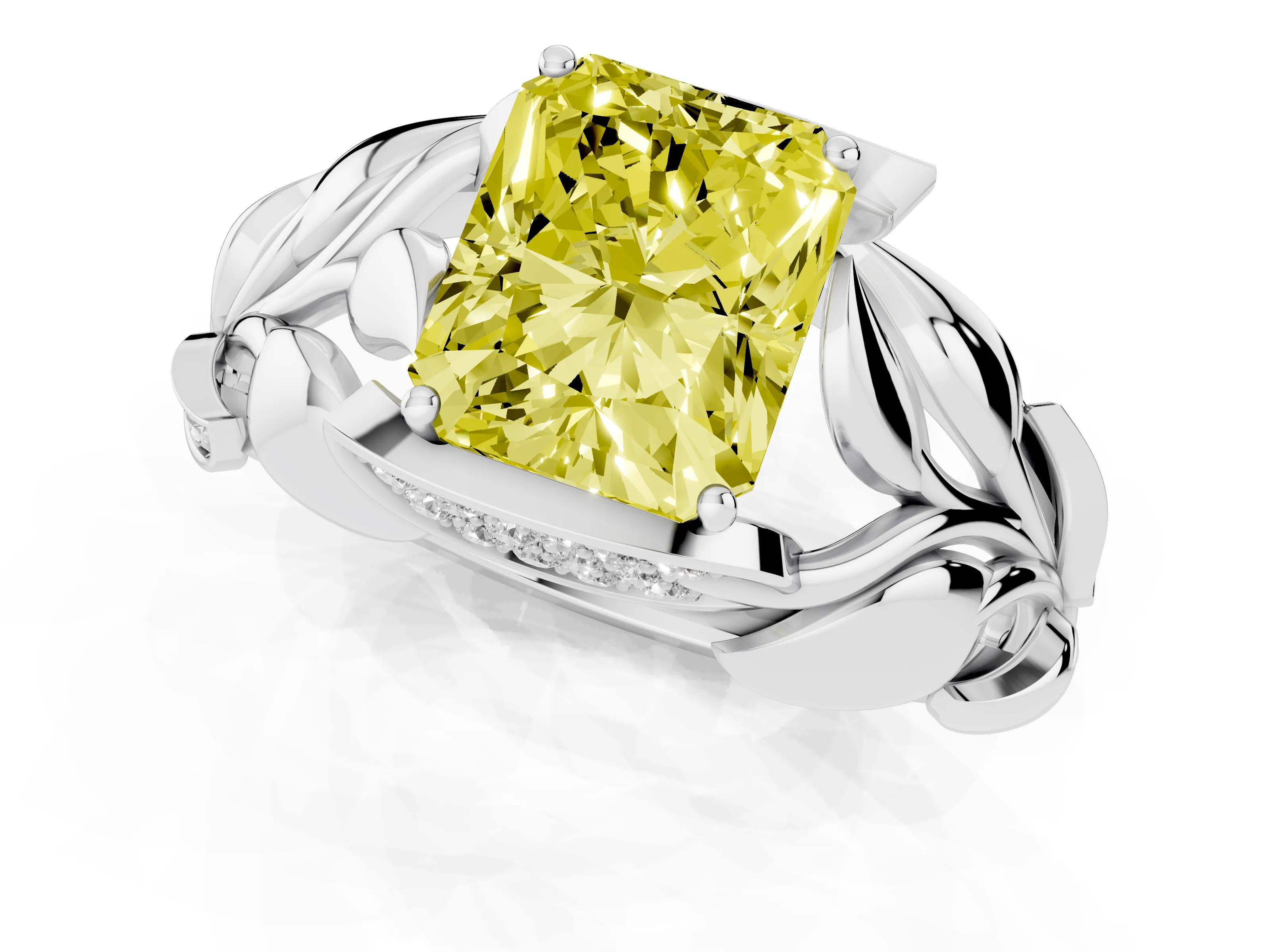 Fancy Yellow Radiant Cut Diamond Leaf-Inspired Engagement Ring Set in White gold with Round Accents – second view