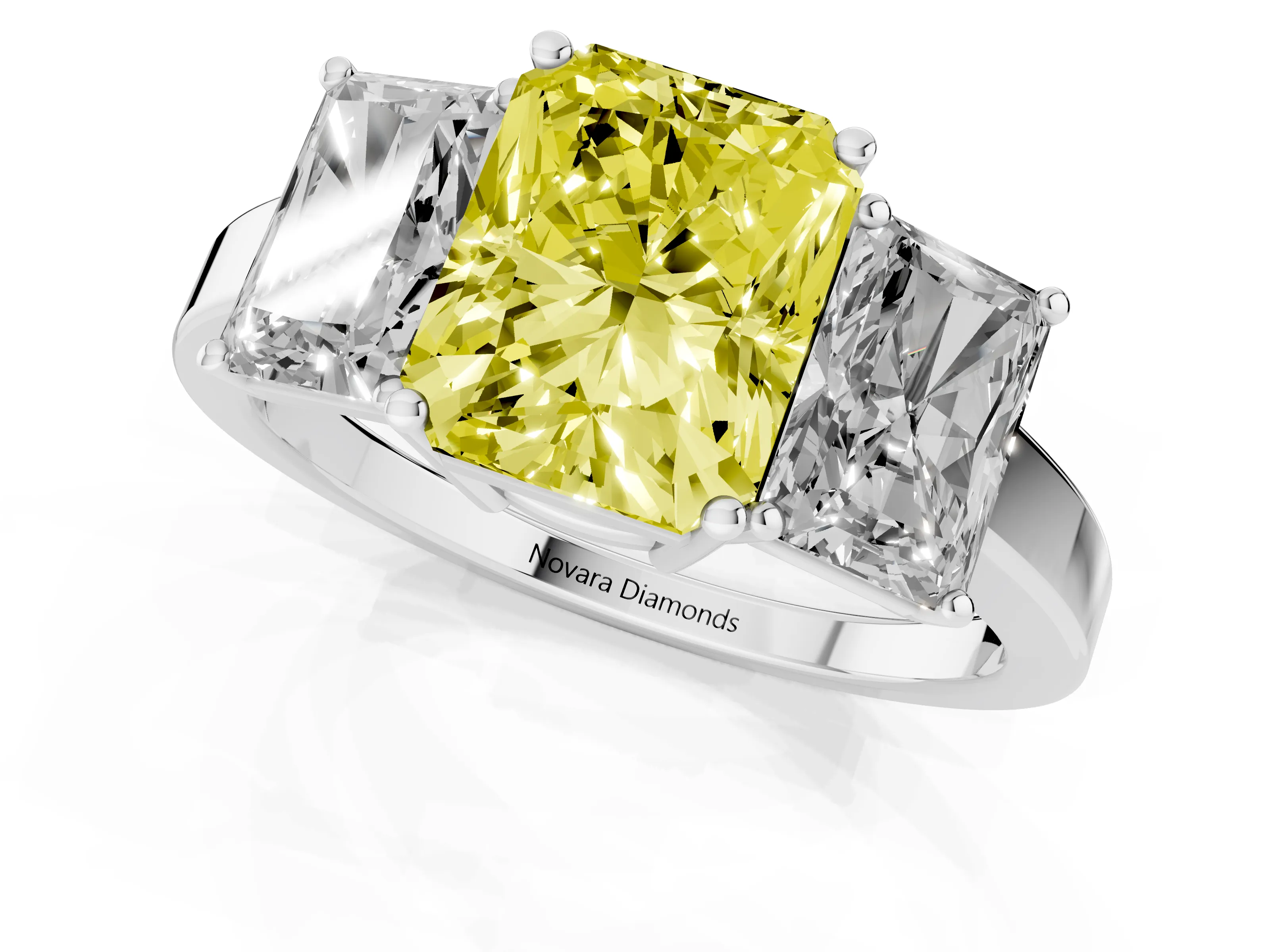 Fancy Yellow Radiant Cut Diamond Three-Stone Engagement Ring Set in Silver with Flat Band