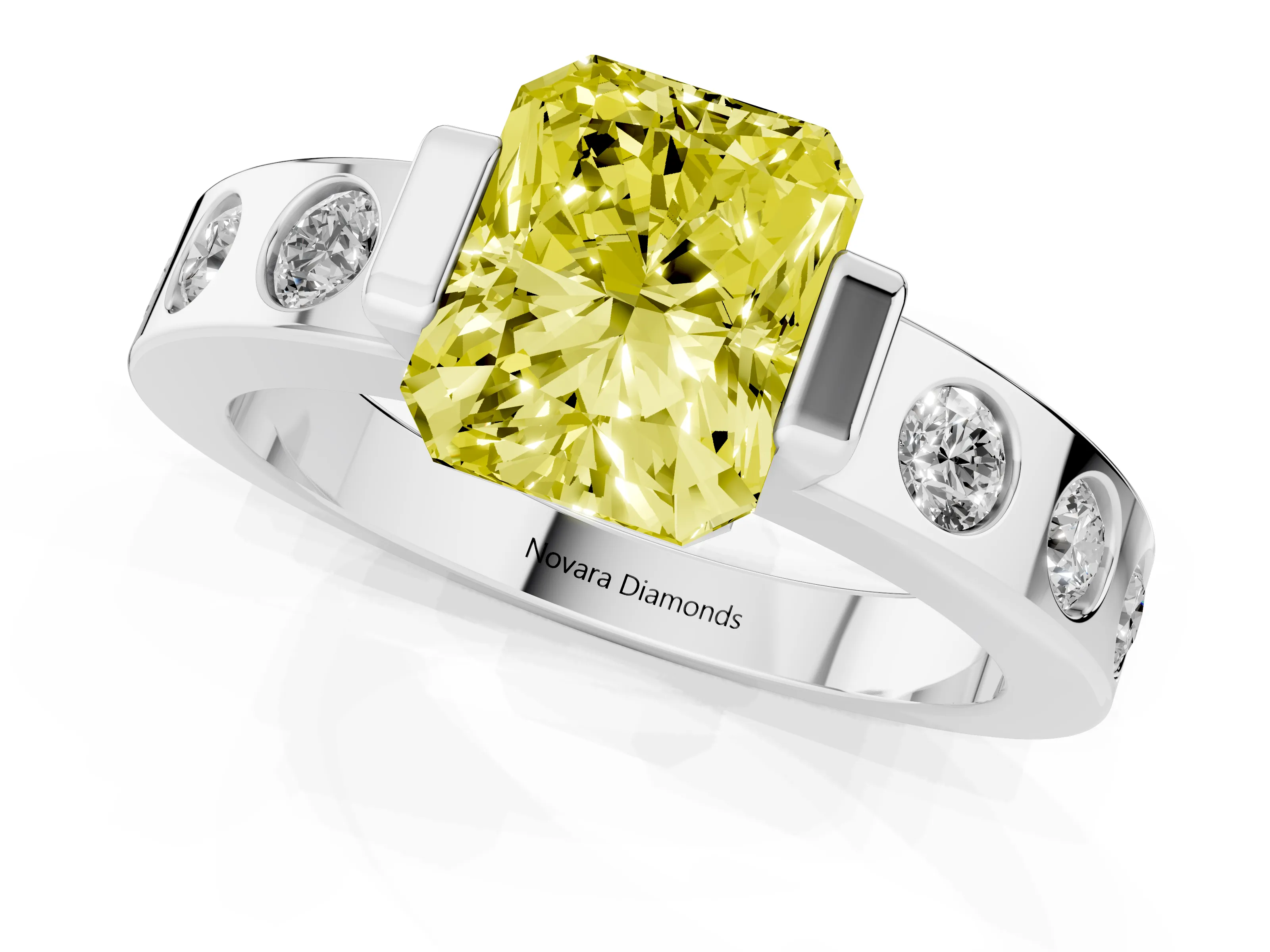 Fancy Yellow Radiant Cut Diamond Channel-Set Band Ring Set in Platinum with Bezel Prong Setting