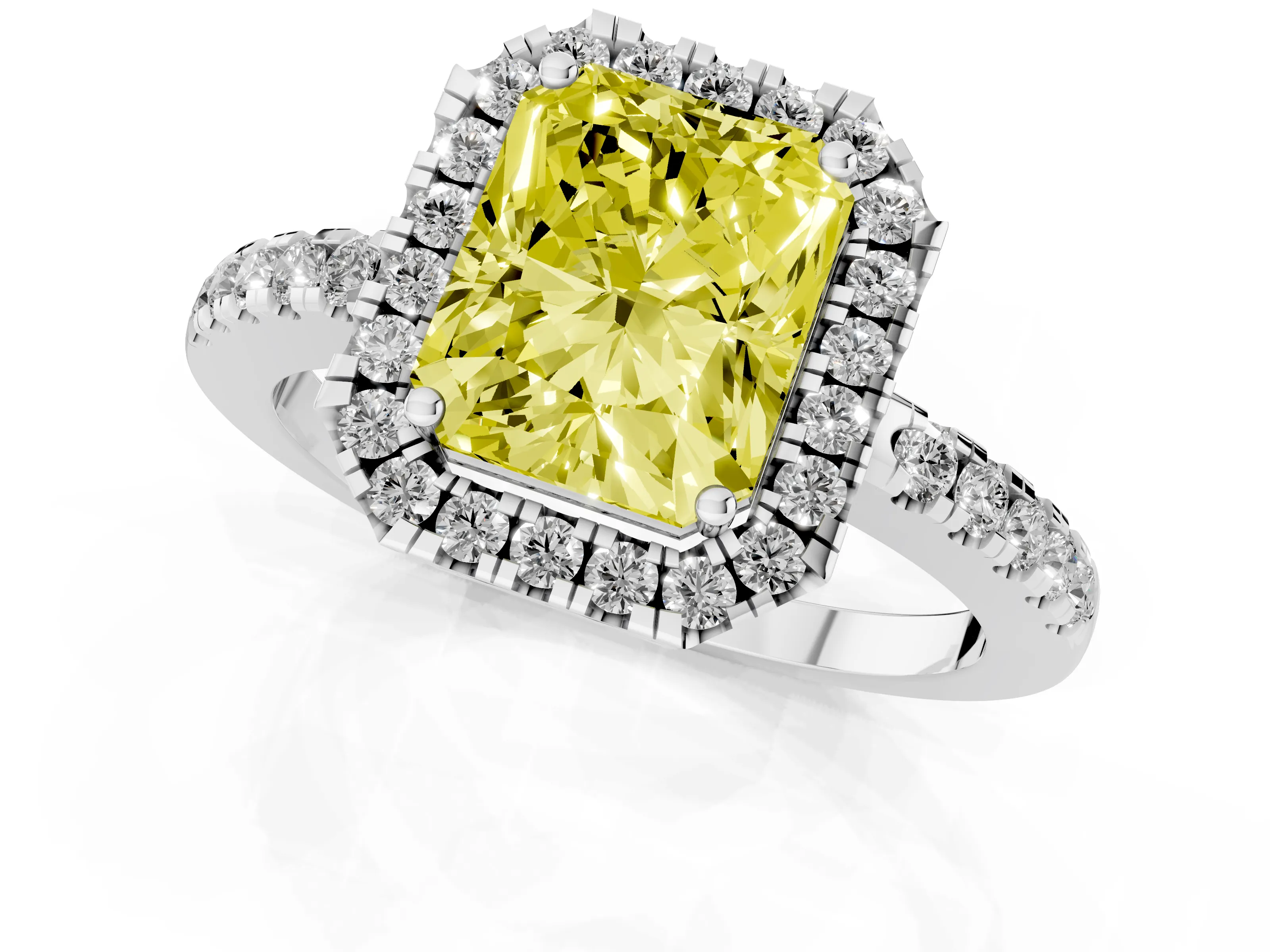 Fancy Yellow Radiant Cut Diamond Pavé Band Halo Engagement Ring Set in Platinum with Prong Setting