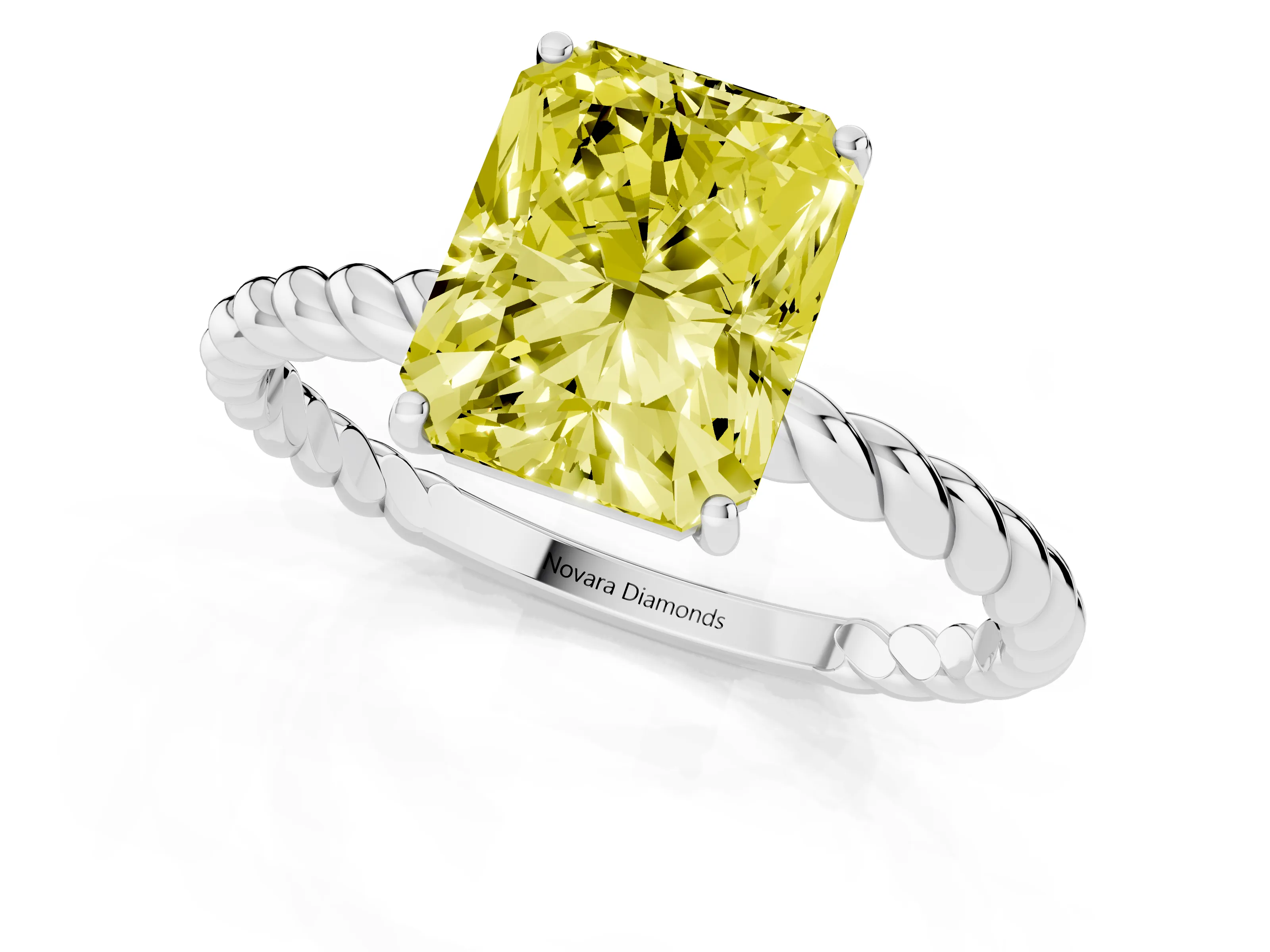 Fancy Yellow Radiant Cut Diamond Solitaire Ring Set in White gold with Twist Band and Prong Setting
