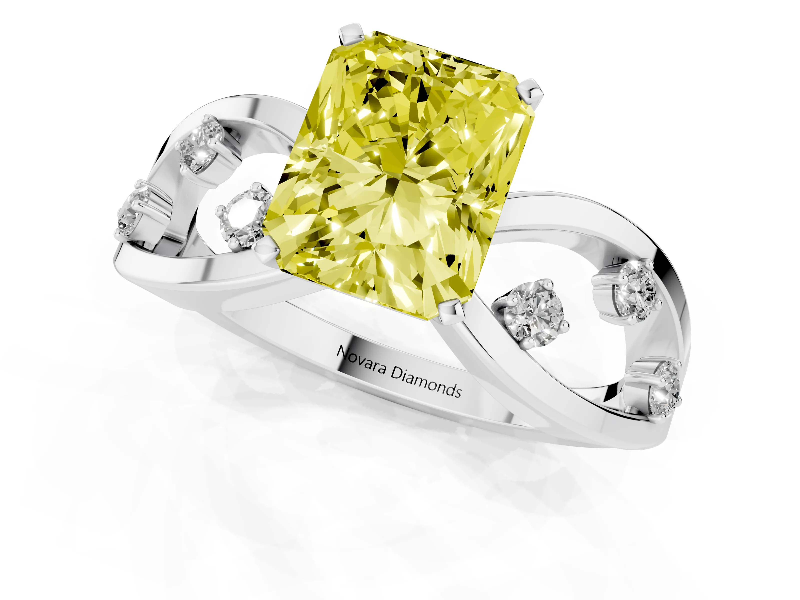 Fancy Yellow Radiant Cut Diamond Solitaire Ring Set in Platinum with Side Stones on Criss-Cross Band and Prong Setting