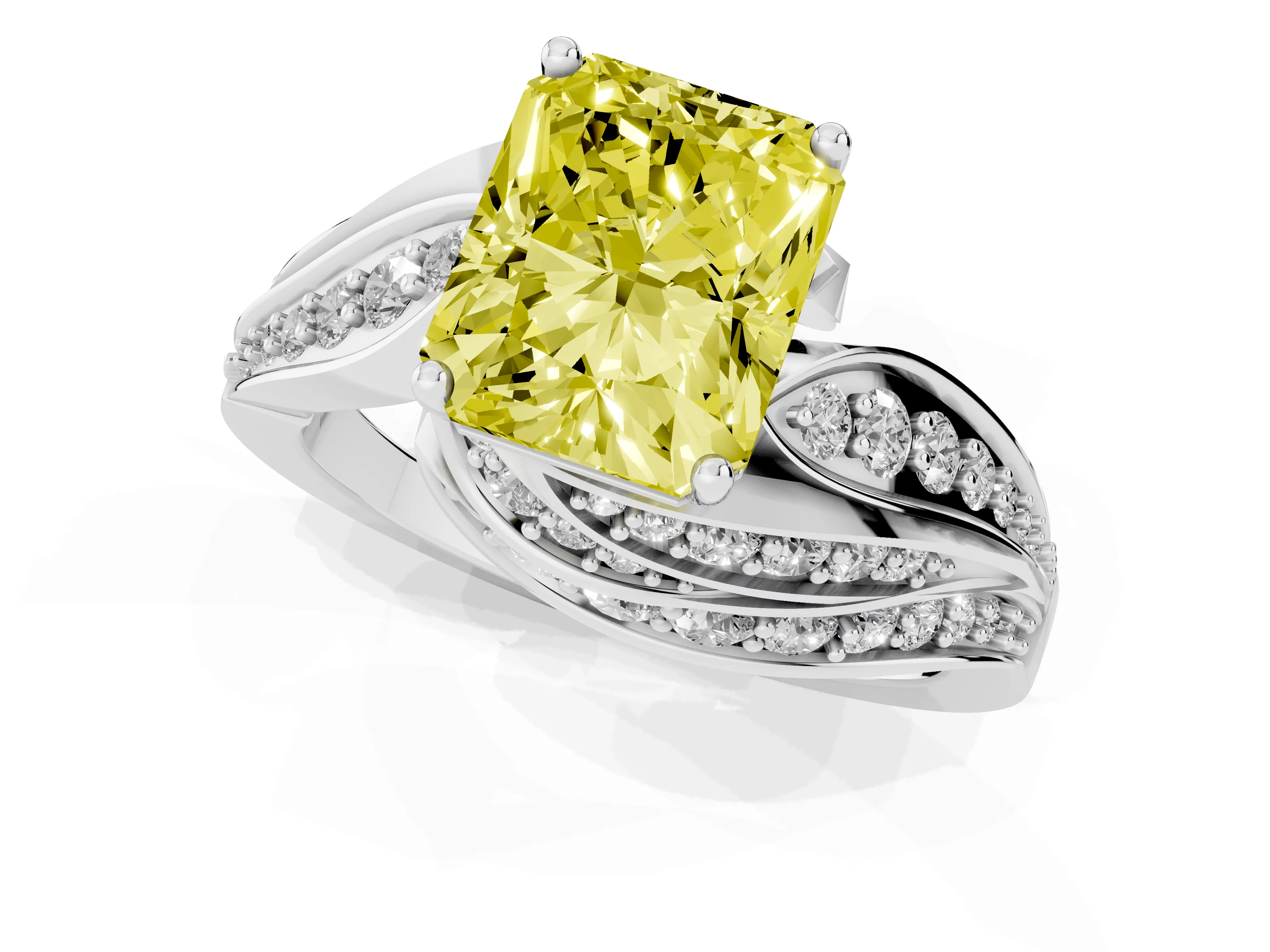 Fancy Yellow Radiant Cut Diamond Solitaire Ring Set in Platinum with Layered Twist Pavé Band