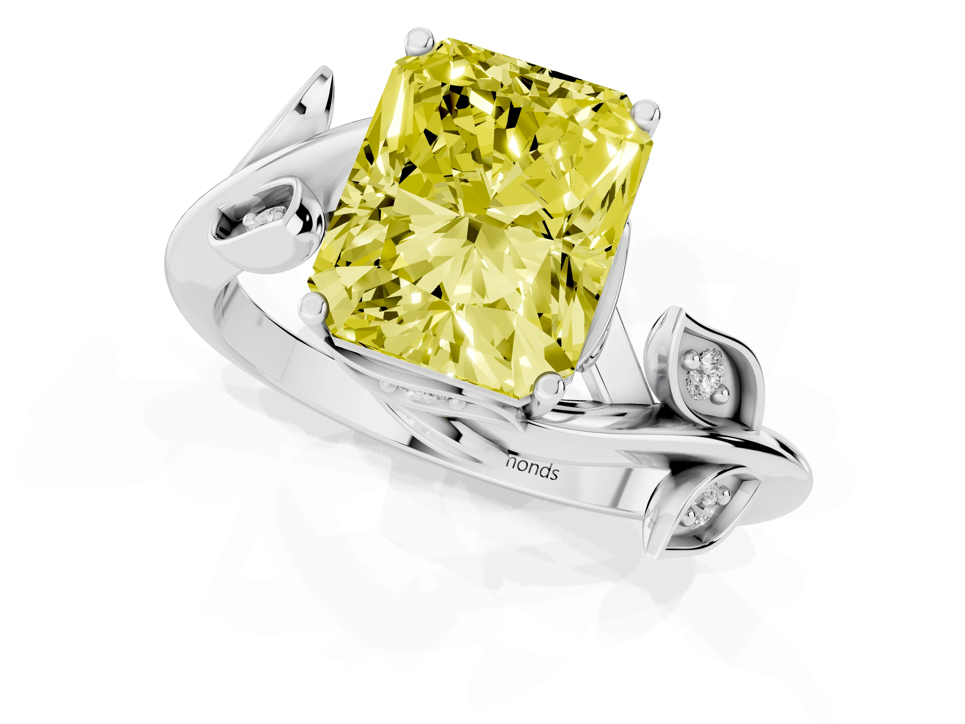 Fancy Yellow Radiant Cut Diamond Solitaire Twist Engagement Ring Set in White gold with Pavé Leaf Accents – second view