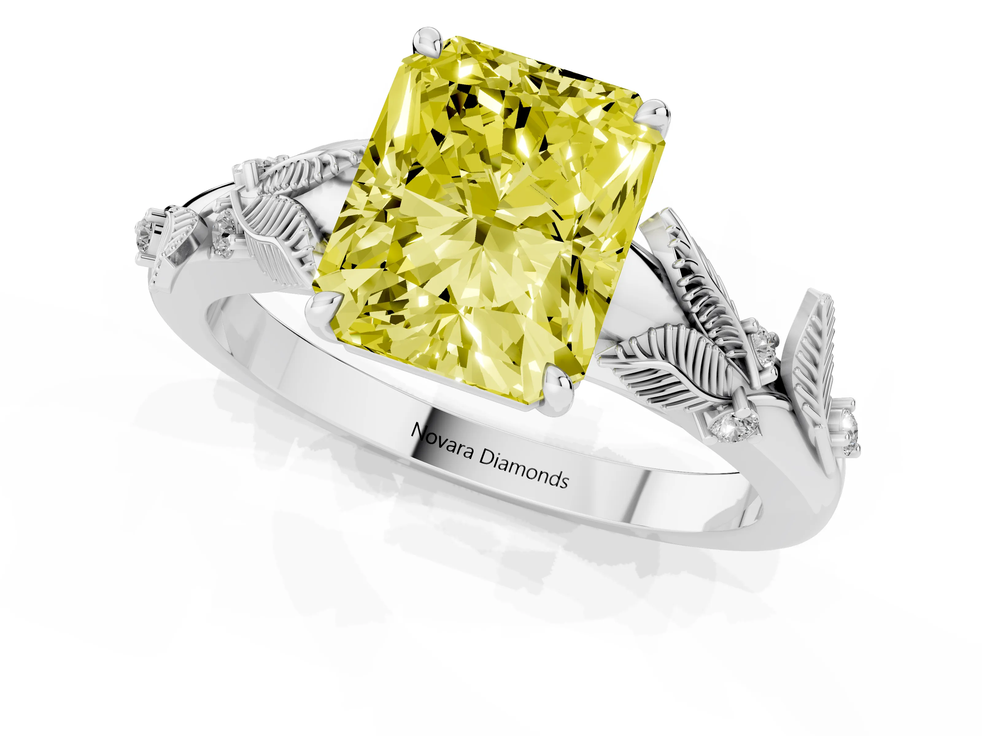 Fancy Yellow Radiant Cut Diamond Solitaire Ring Set in Silver with Leaf Motif Band
