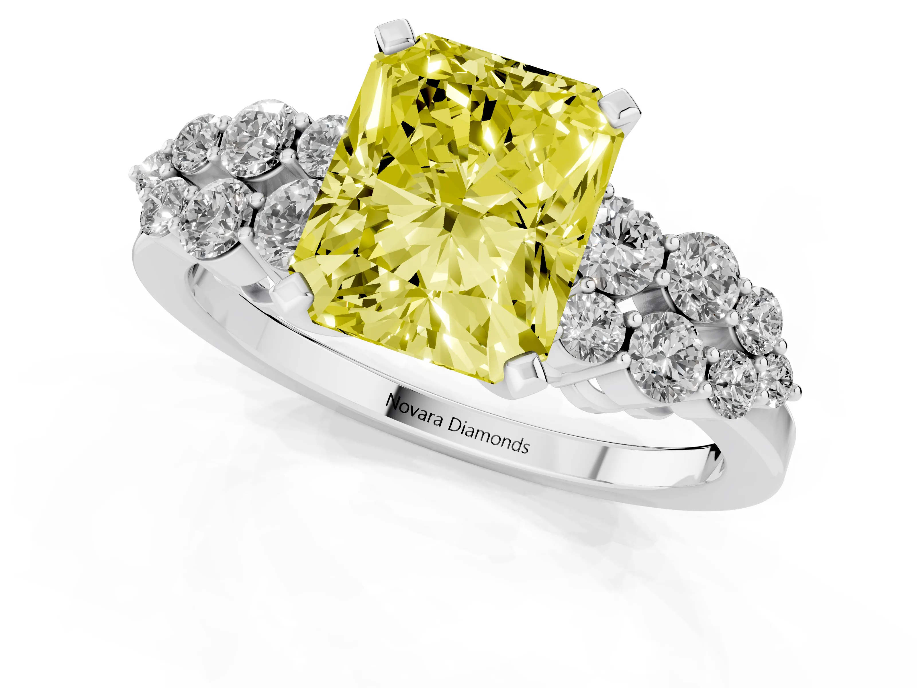 Fancy Yellow Radiant Cut Diamond Cluster Engagement Ring Set in Platinum with Pavé Band and Prong Setting