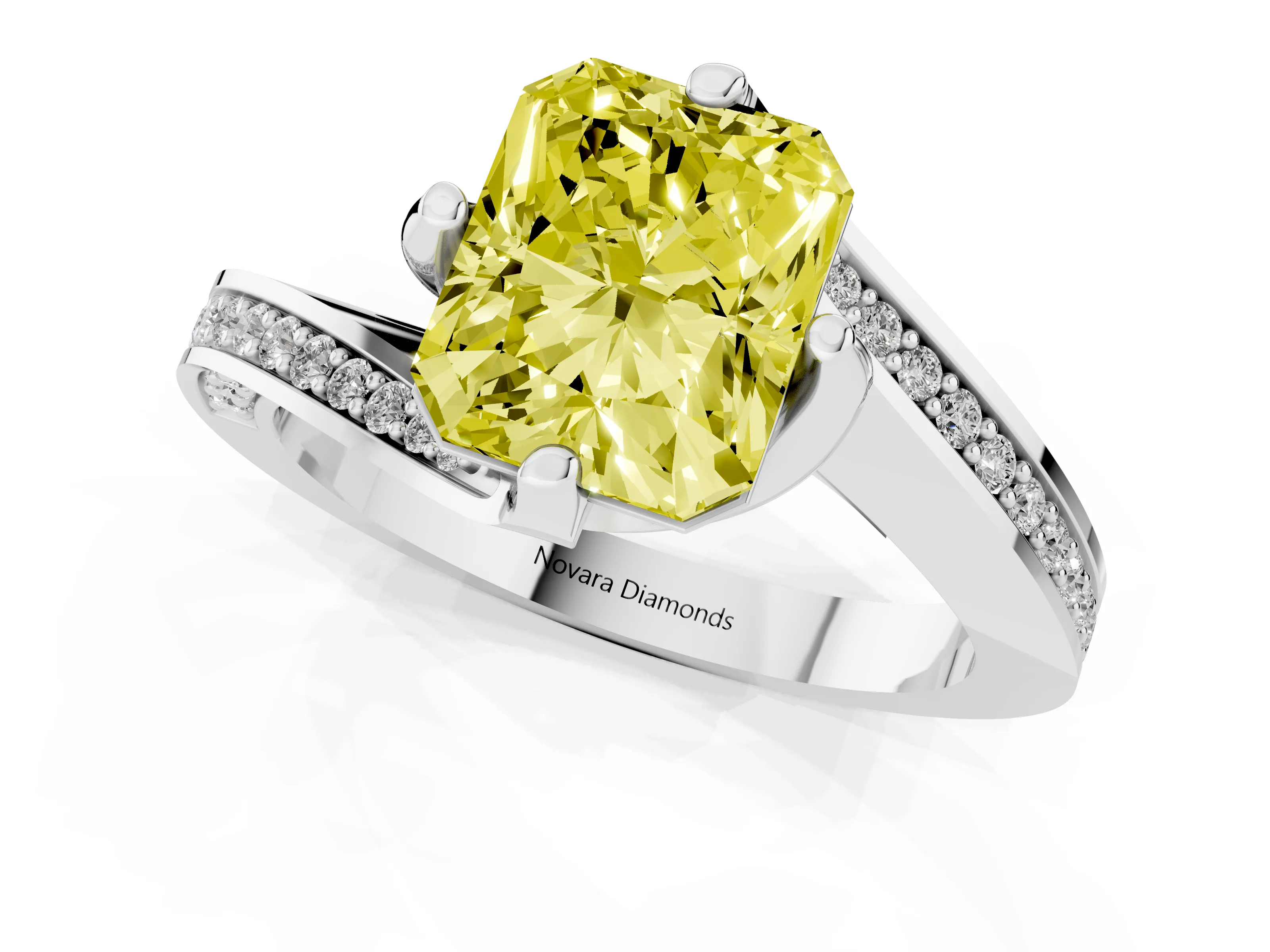 Fancy Yellow Radiant Cut Diamond Solitaire Ring Set in White gold with Intertwined Pavé Twist Band – second view