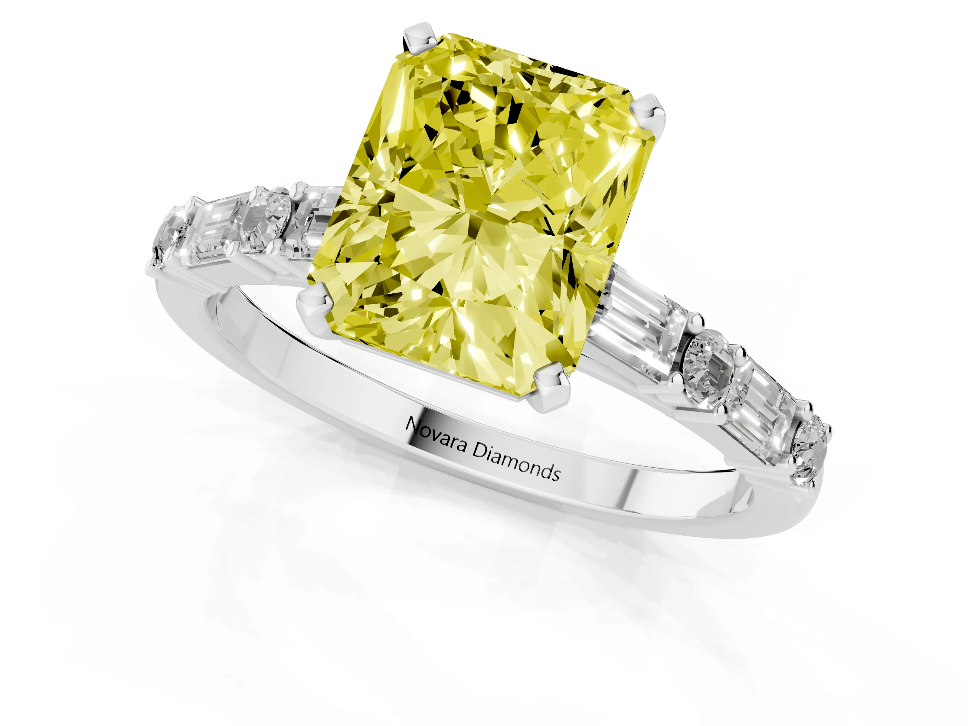 Fancy Yellow Radiant Cut Diamond Solitaire Set in Platinum with Side Baguettes and Channel Set Band