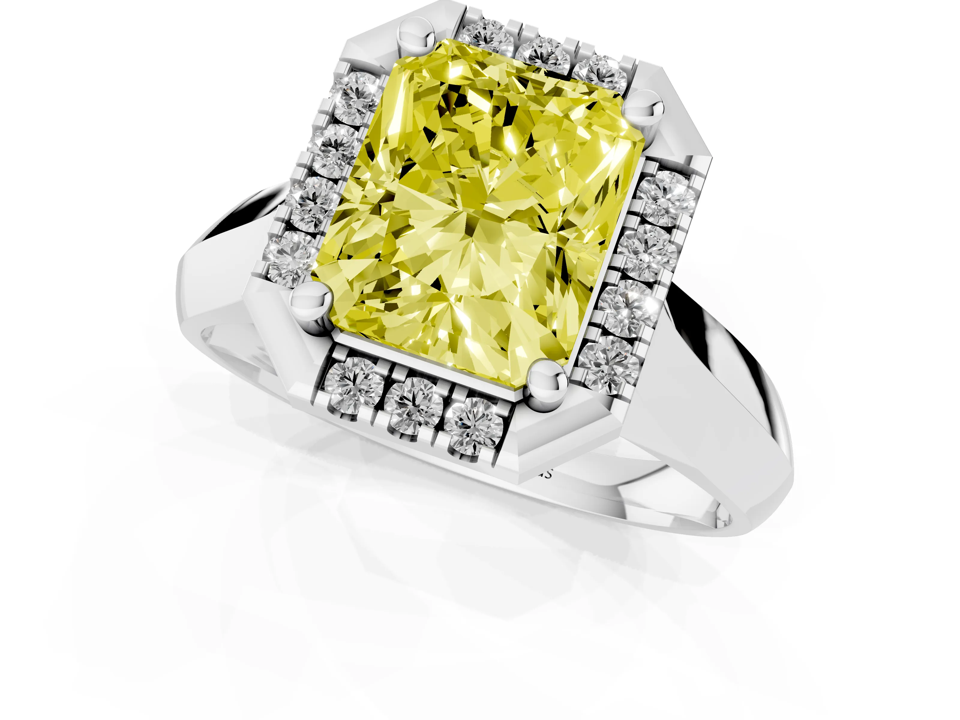 Fancy Yellow Radiant Cut Diamond Halo Solitaire Engagement Ring Set in Platinum with Square Band and Prong Setting