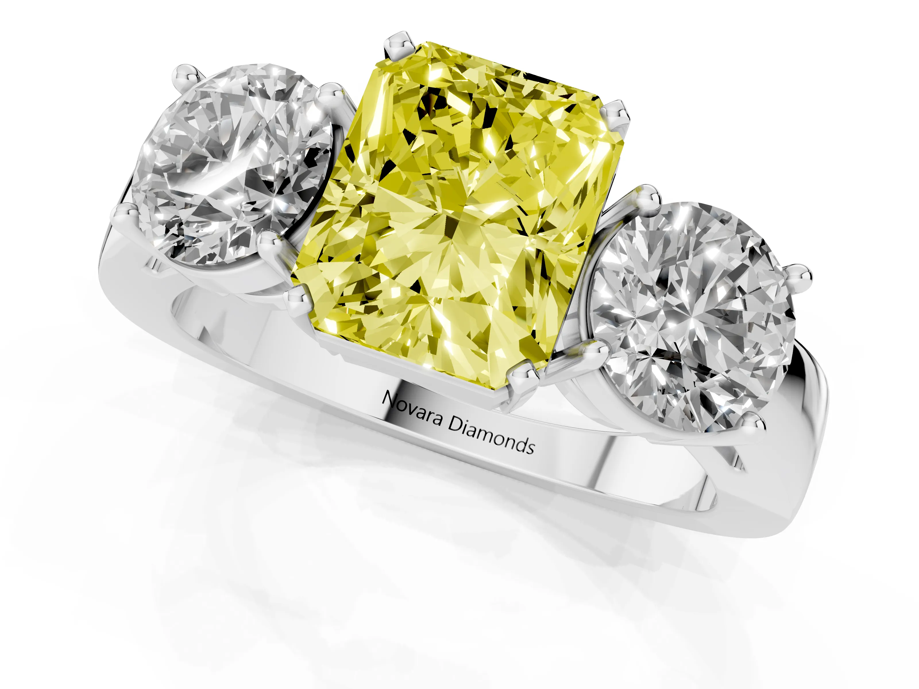 Fancy Yellow Radiant Cut Diamond Three-Stone Ring Set in Silver with Round Side Stones and Classic Band