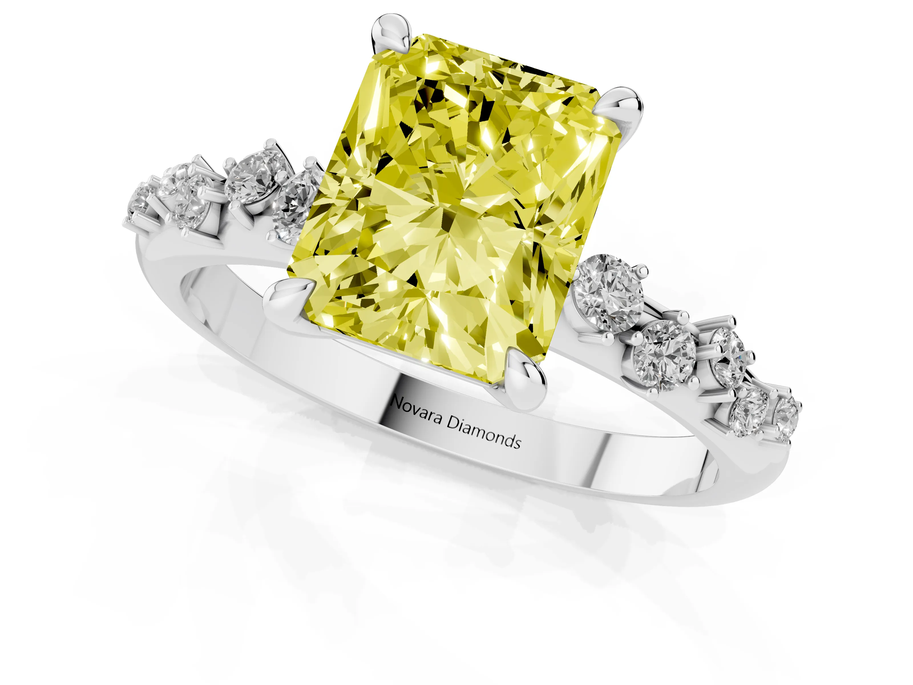 Fancy Yellow Radiant Cut Diamond Solitaire Vine Band Ring Set in Platinum with Round Accents and Prong Setting – second view