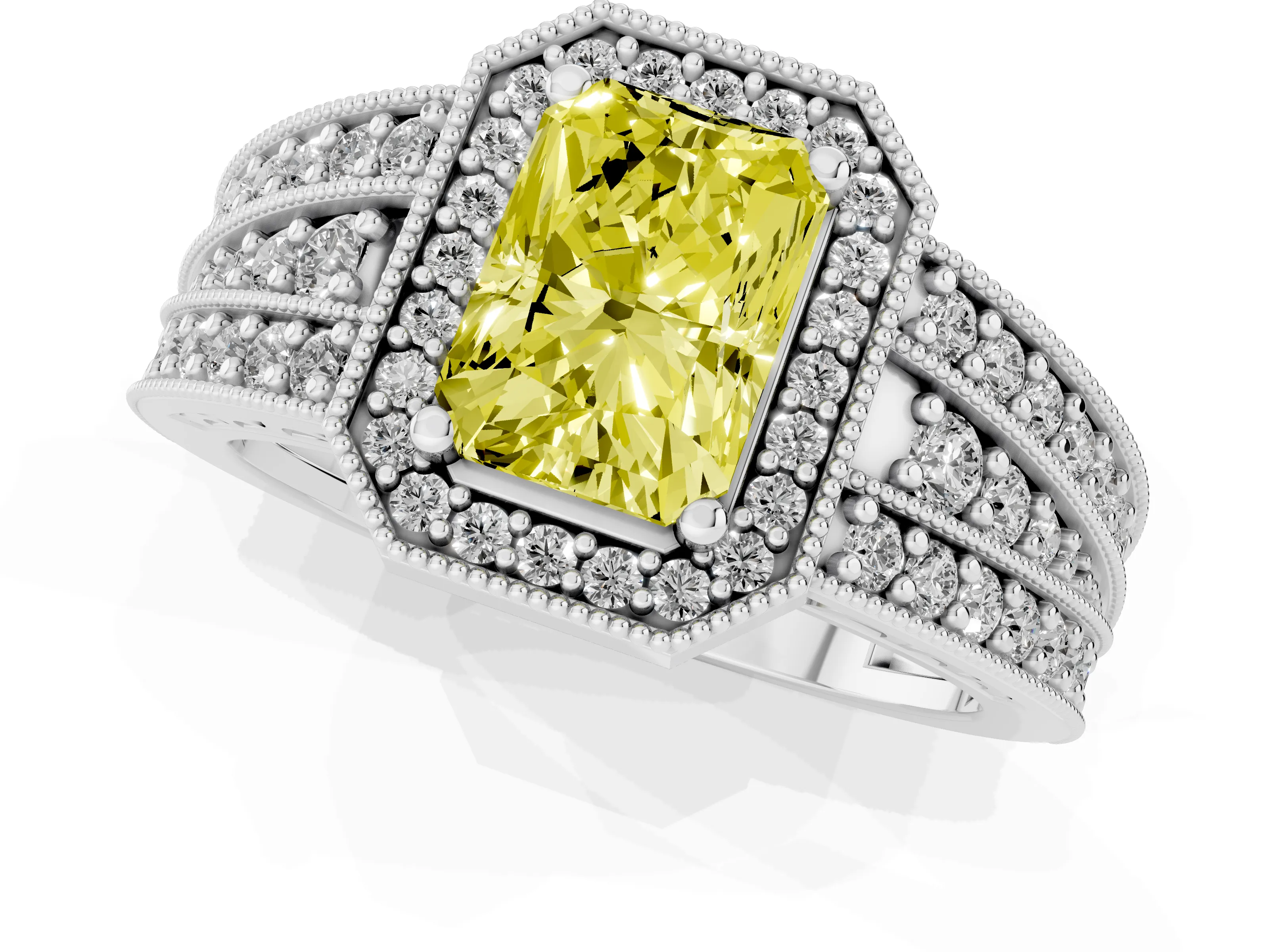 Fancy Yellow Radiant Cut Diamond Halo Ring Set in Platinum with Accent Split Shank and Prong Setting