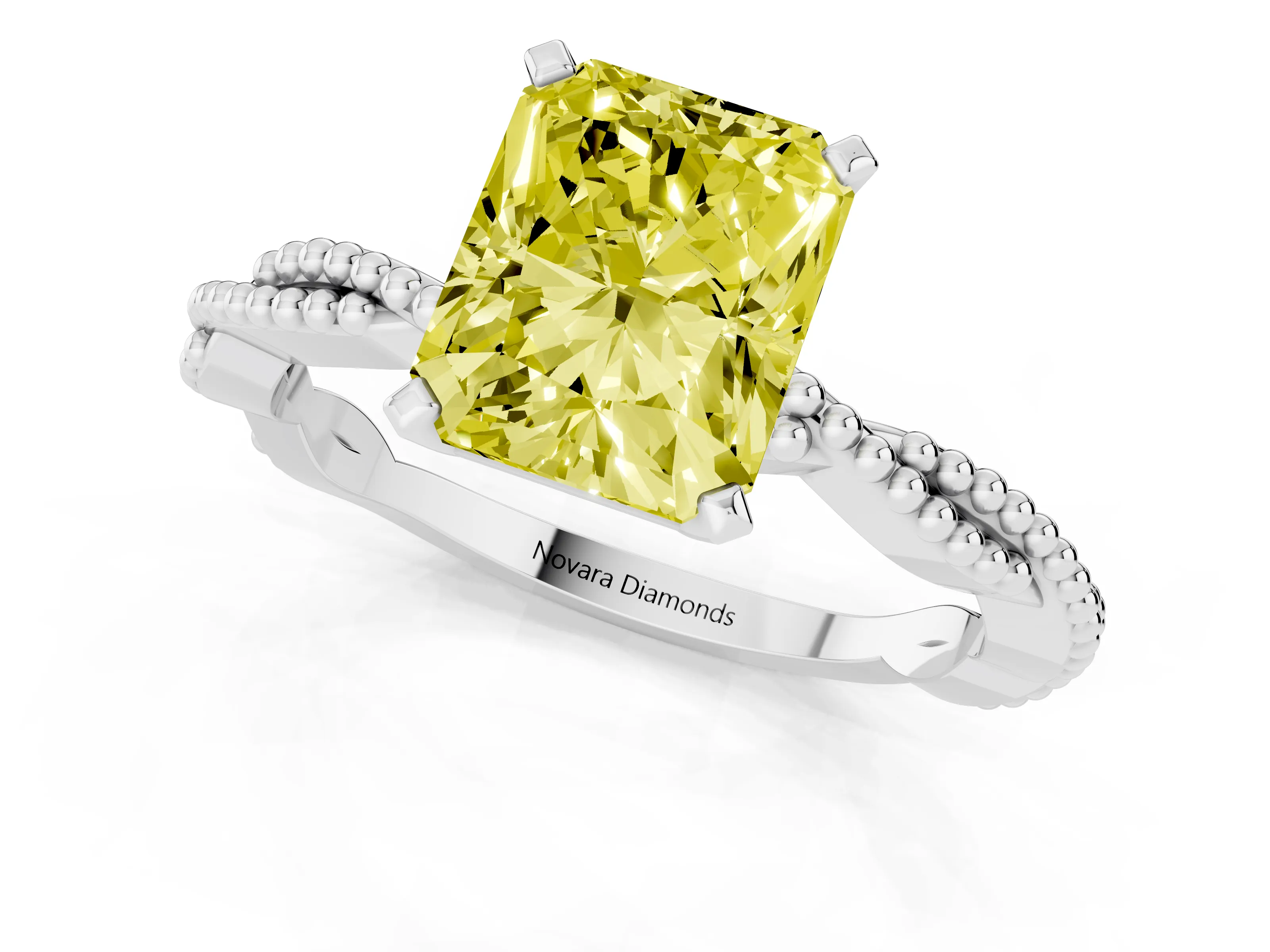 Fancy Yellow Radiant Cut Diamond Solitaire Ring Set in Platinum with Twisted Band and Bead Prong Setting