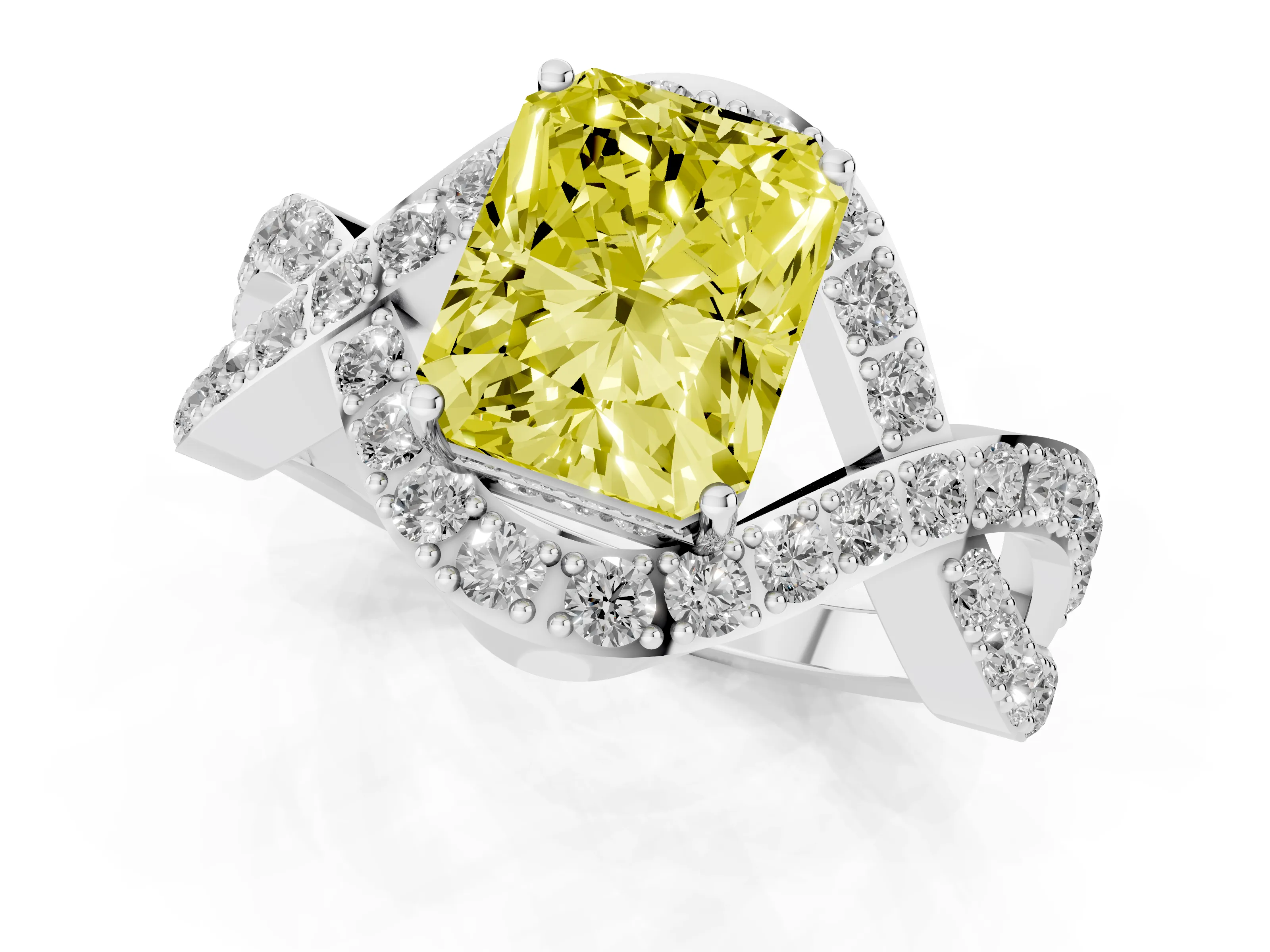 Fancy Yellow Radiant Cut Diamond Solitaire Twist Band Pavé Engagement Ring Set in Silver