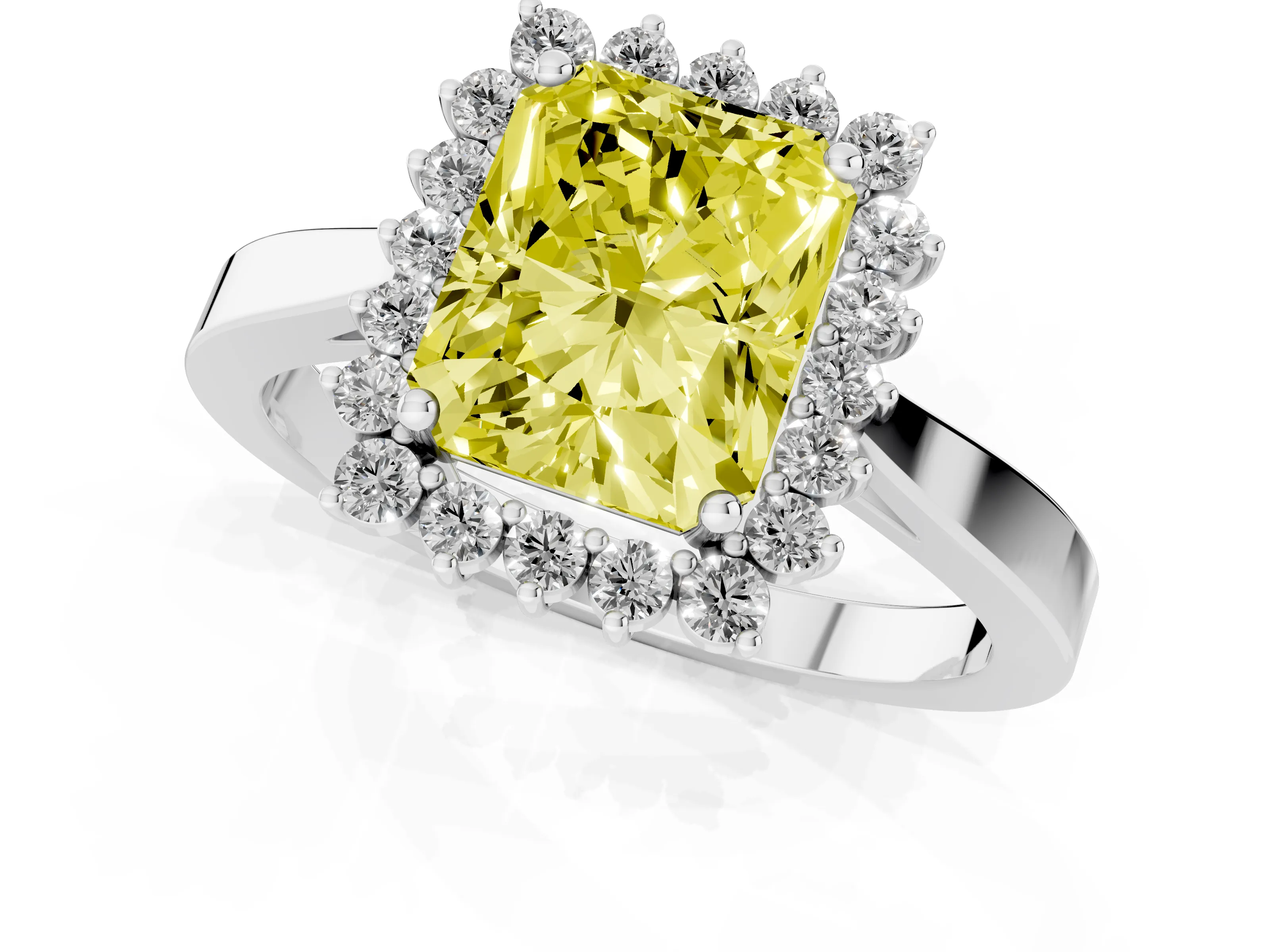 Fancy Yellow Radiant Cut Diamond Halo Ring Set in White gold with Round Halo and Smooth Solitaire Band