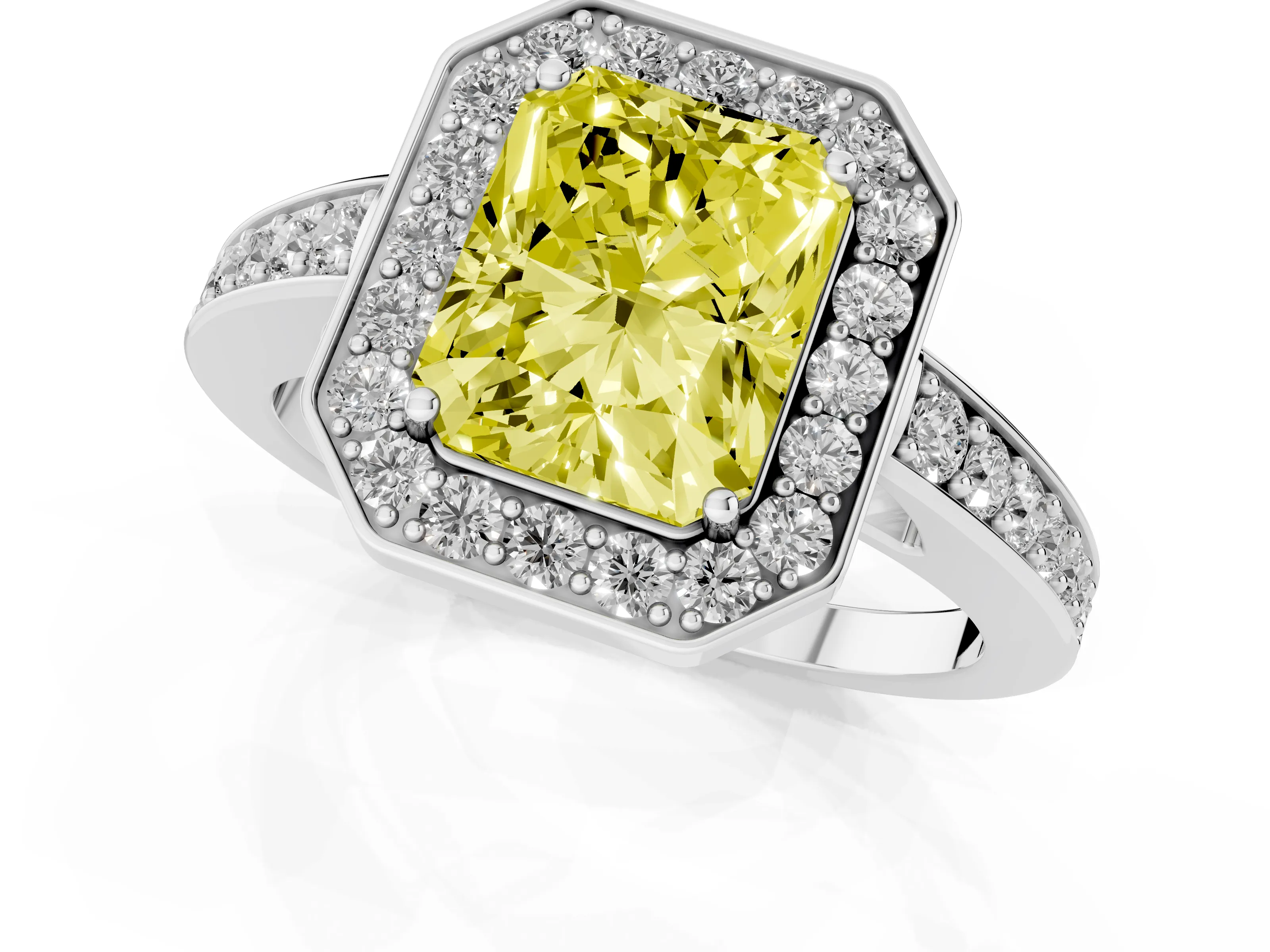 Fancy Yellow Radiant Cut Diamond Halo Pavé Engagement Ring Set in Silver with Bezel Setting