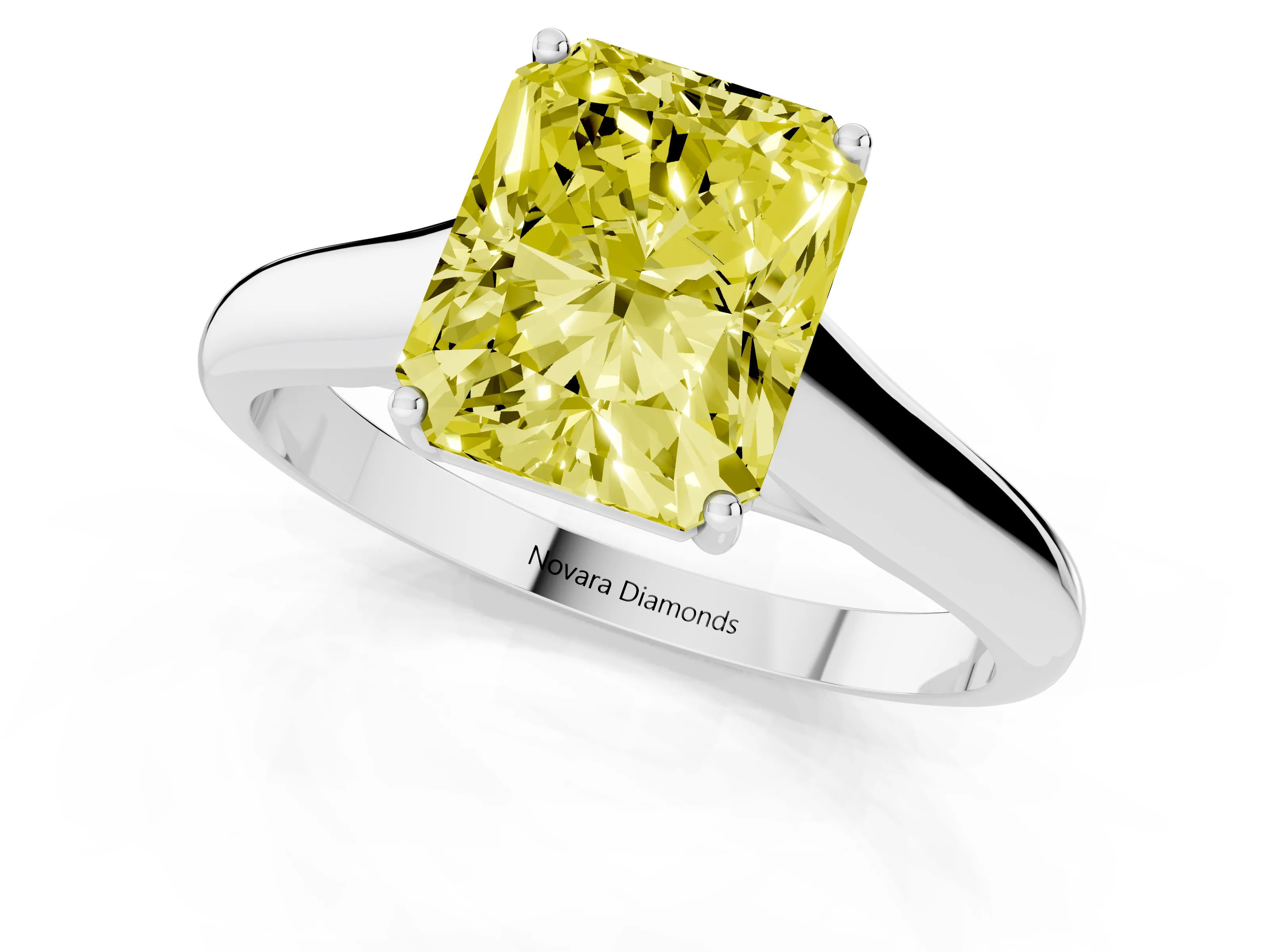 Fancy Yellow Radiant Cut Diamond Solitaire Engagement Ring Set in Silver with Subtly Tapered Band and Prong Setting