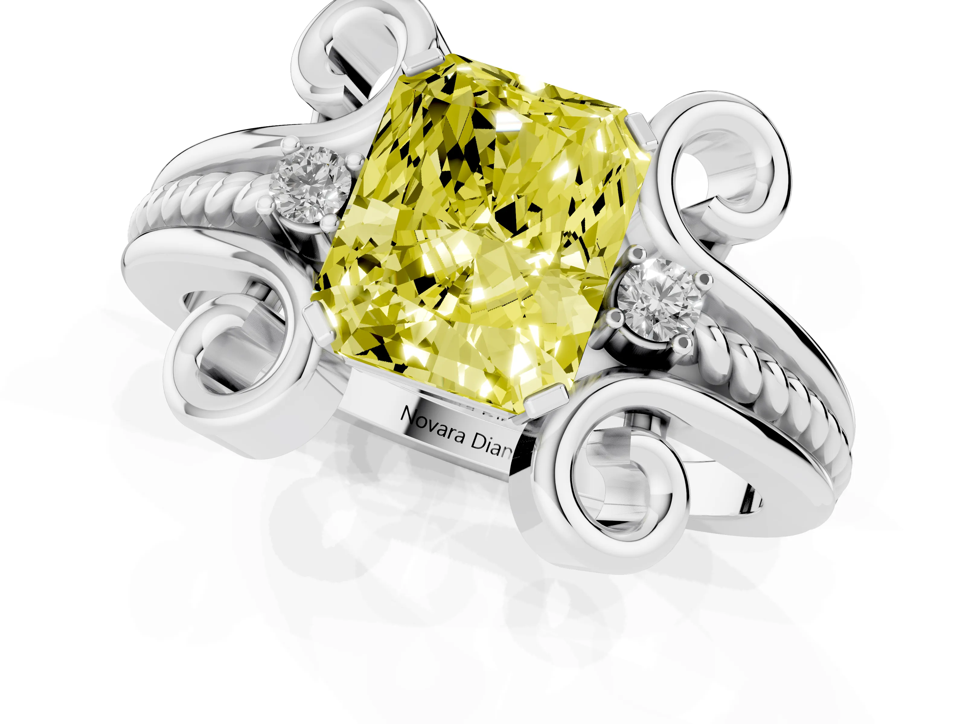 Fancy Yellow Radiant Cut Diamond Twisted Band Solitaire Ring Set in Platinum with Scroll Prongs