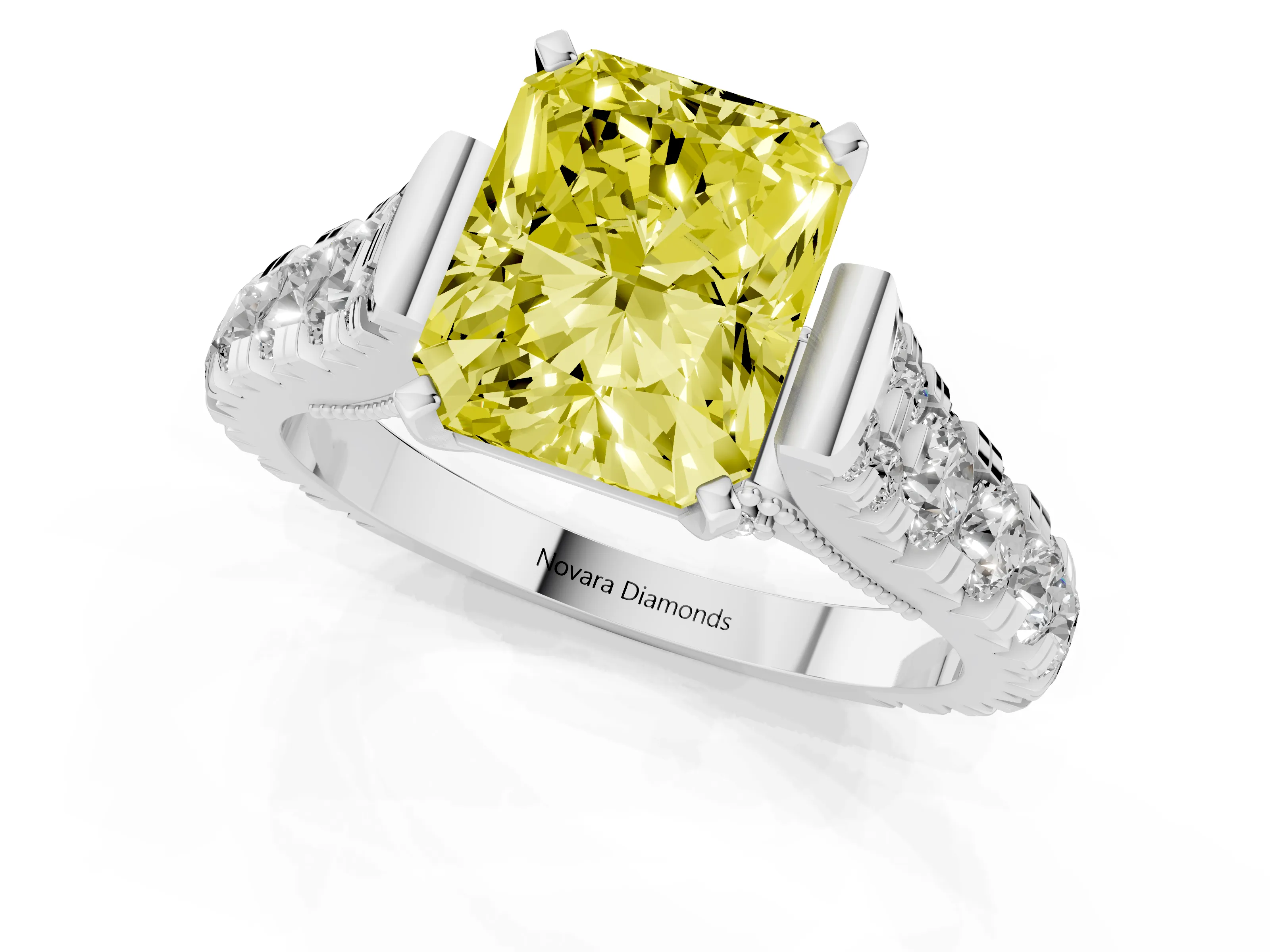 Fancy Yellow Radiant Cut Diamond Classic Solitaire Ring Set in Silver with Pavé Band and Prong Setting
