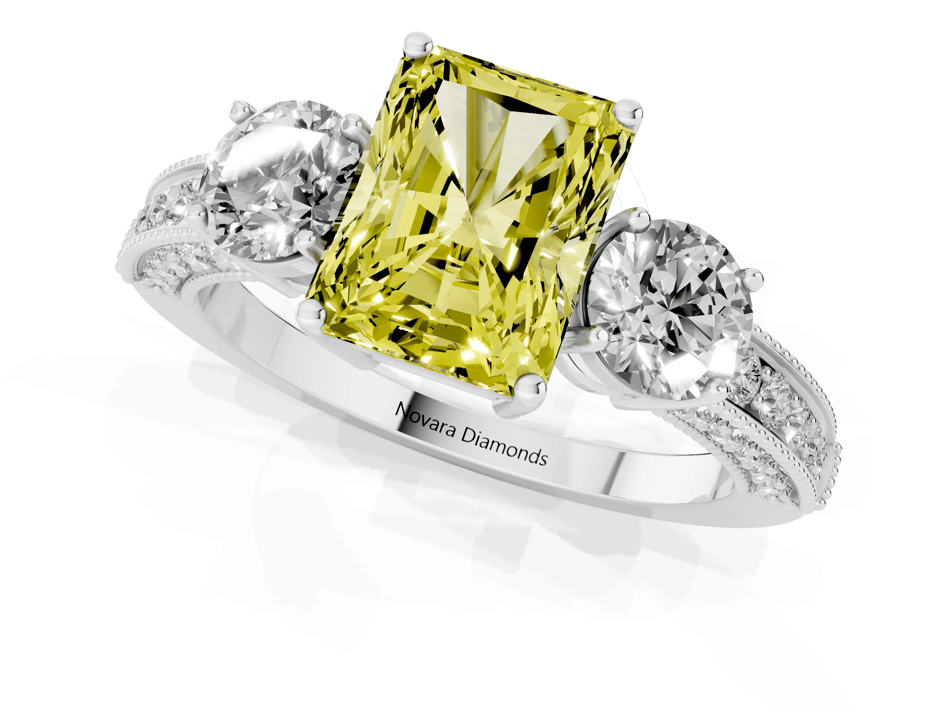 Fancy Yellow Radiant Cut Diamond Three-Stone Ring Set in Silver with Round Side Stones and Pavé Band