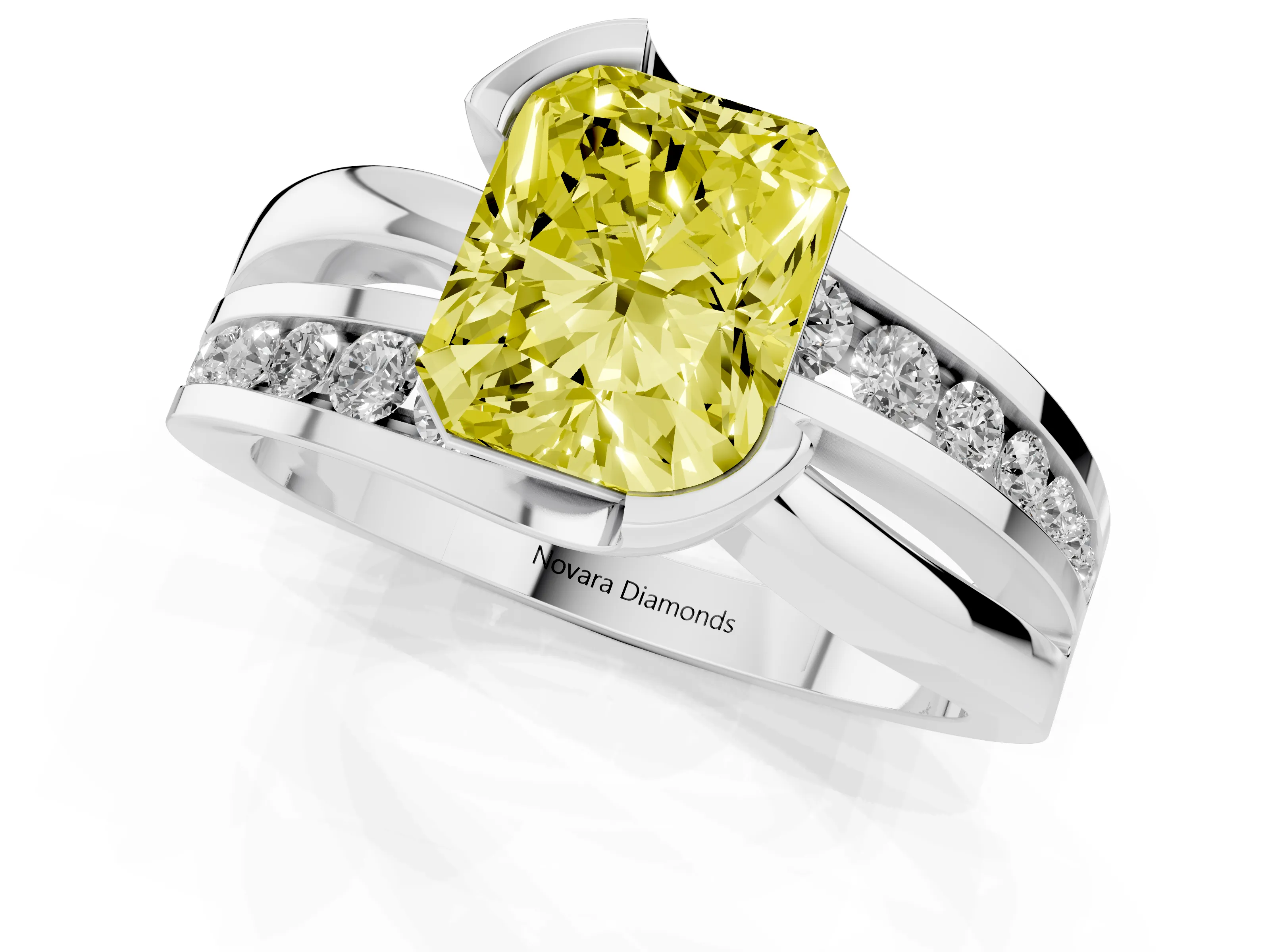 Fancy Yellow Radiant Cut Diamond Solitaire Ring Set in Platinum with Channel Set Split Shank and Tension Prongs