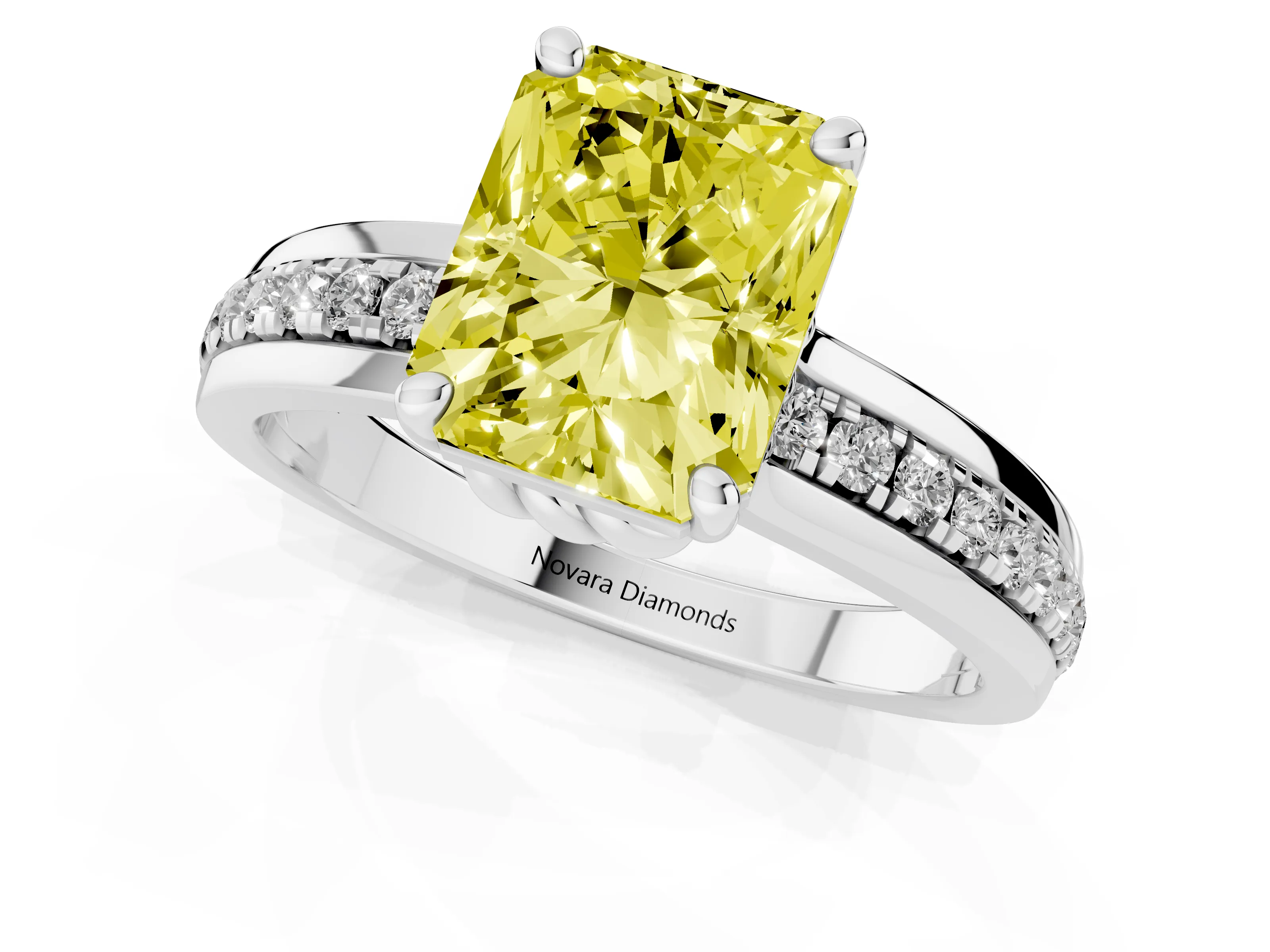 Fancy Yellow Radiant Cut Diamond Solitaire Ring Set in White gold with Channel Set Band and Prong Setting
