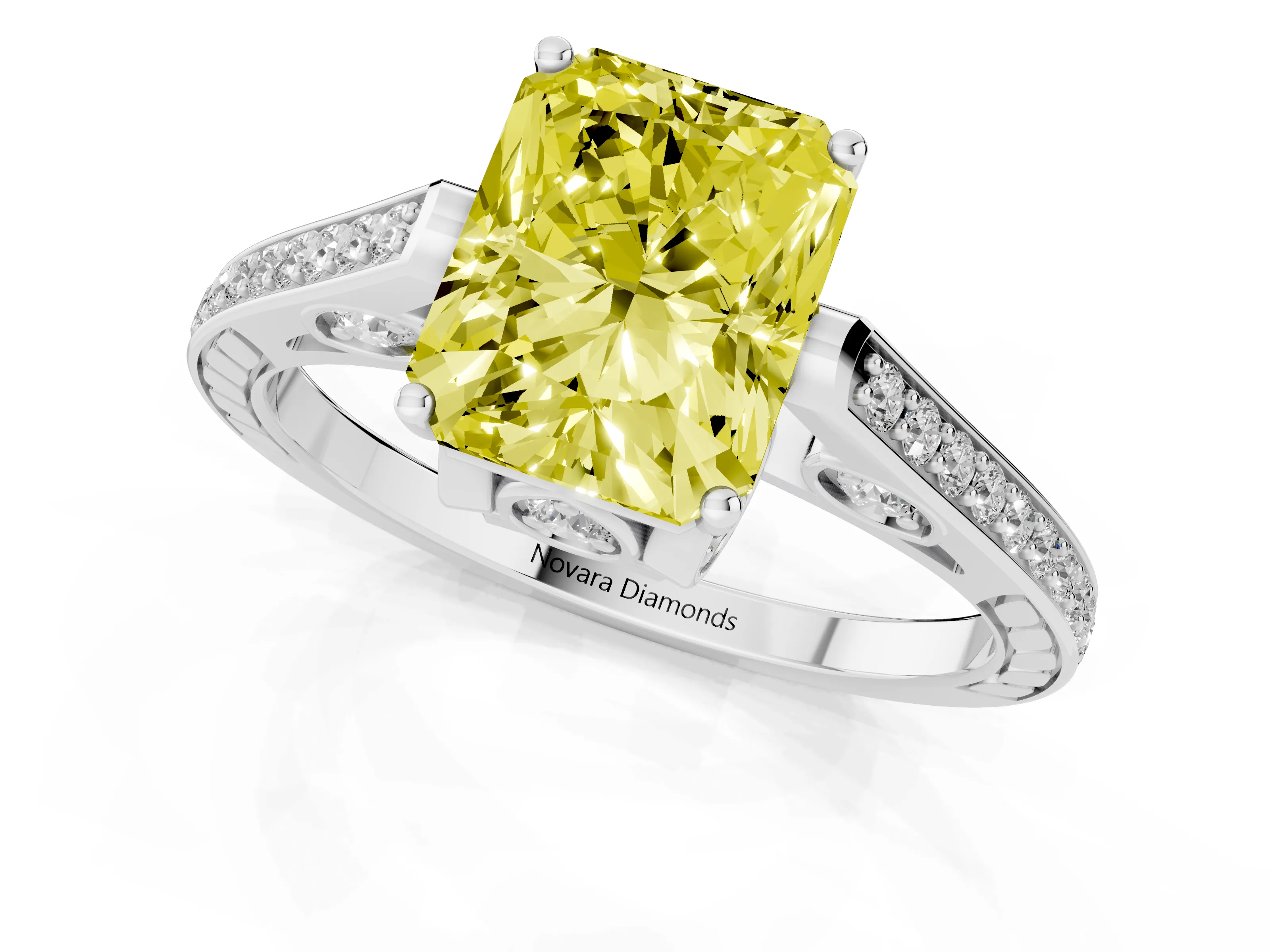 Fancy Yellow Radiant Cut Diamond Cathedral Pavé Engagement Ring Set in Silver with Prong Setting