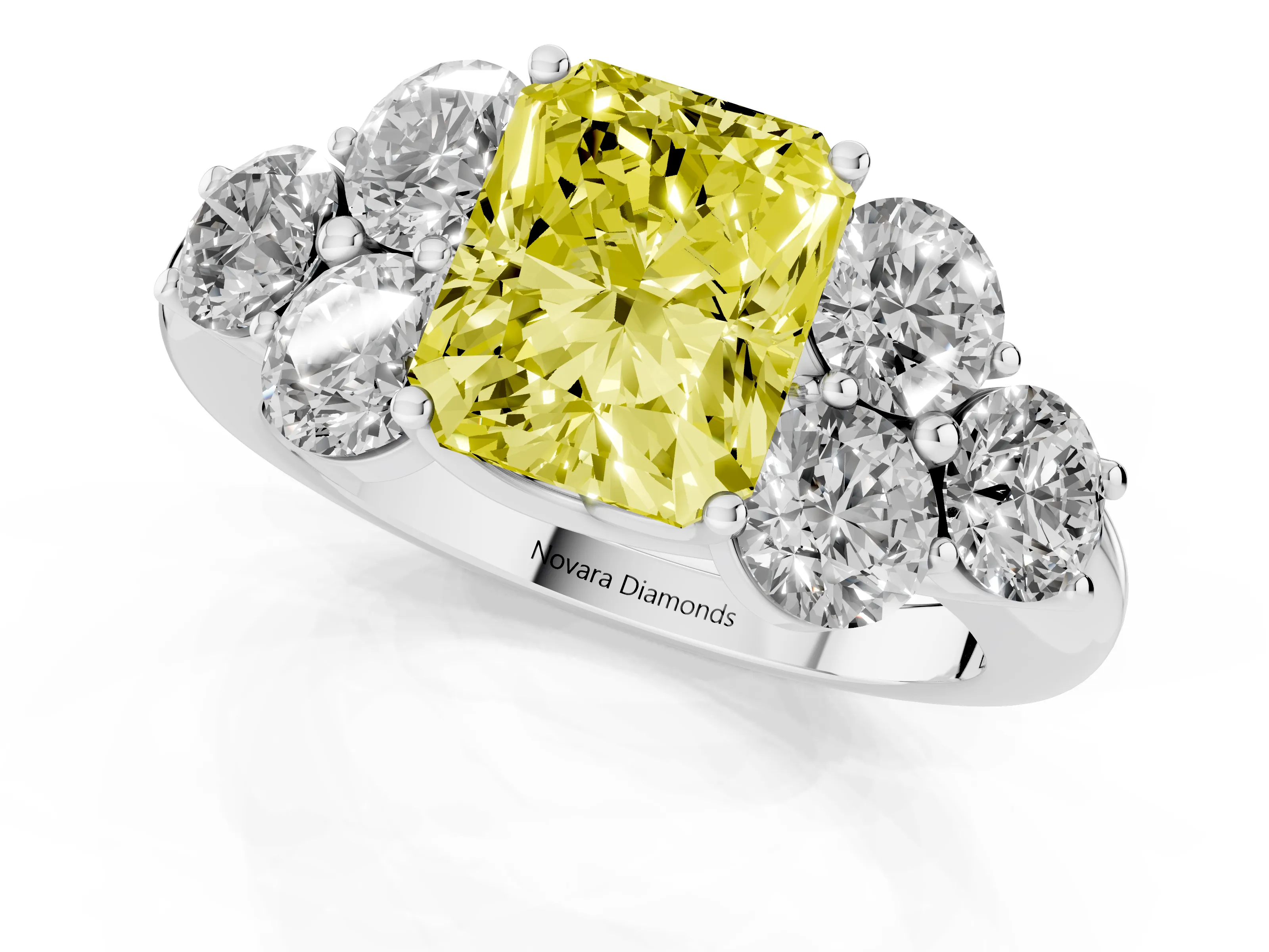 Fancy Yellow Radiant Cut Diamond Cluster Ring Set in Silver with Round Accent Stones and Prong Setting on a Plain Band