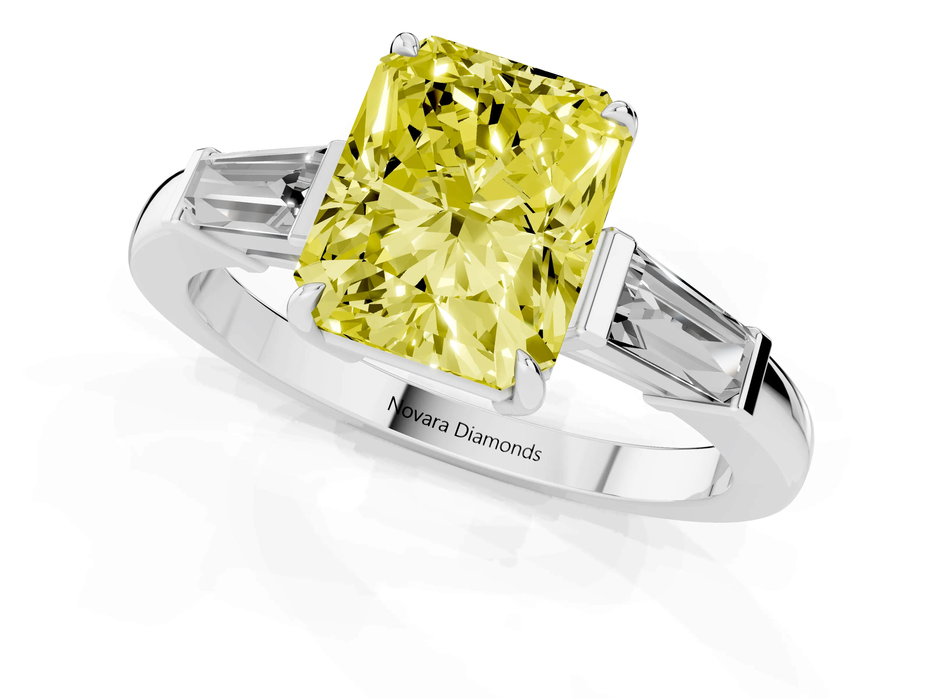 Fancy Yellow Radiant Cut Diamond Three-Stone Ring Set in Platinum with Tapered Baguette Side Stones and Prong Setting