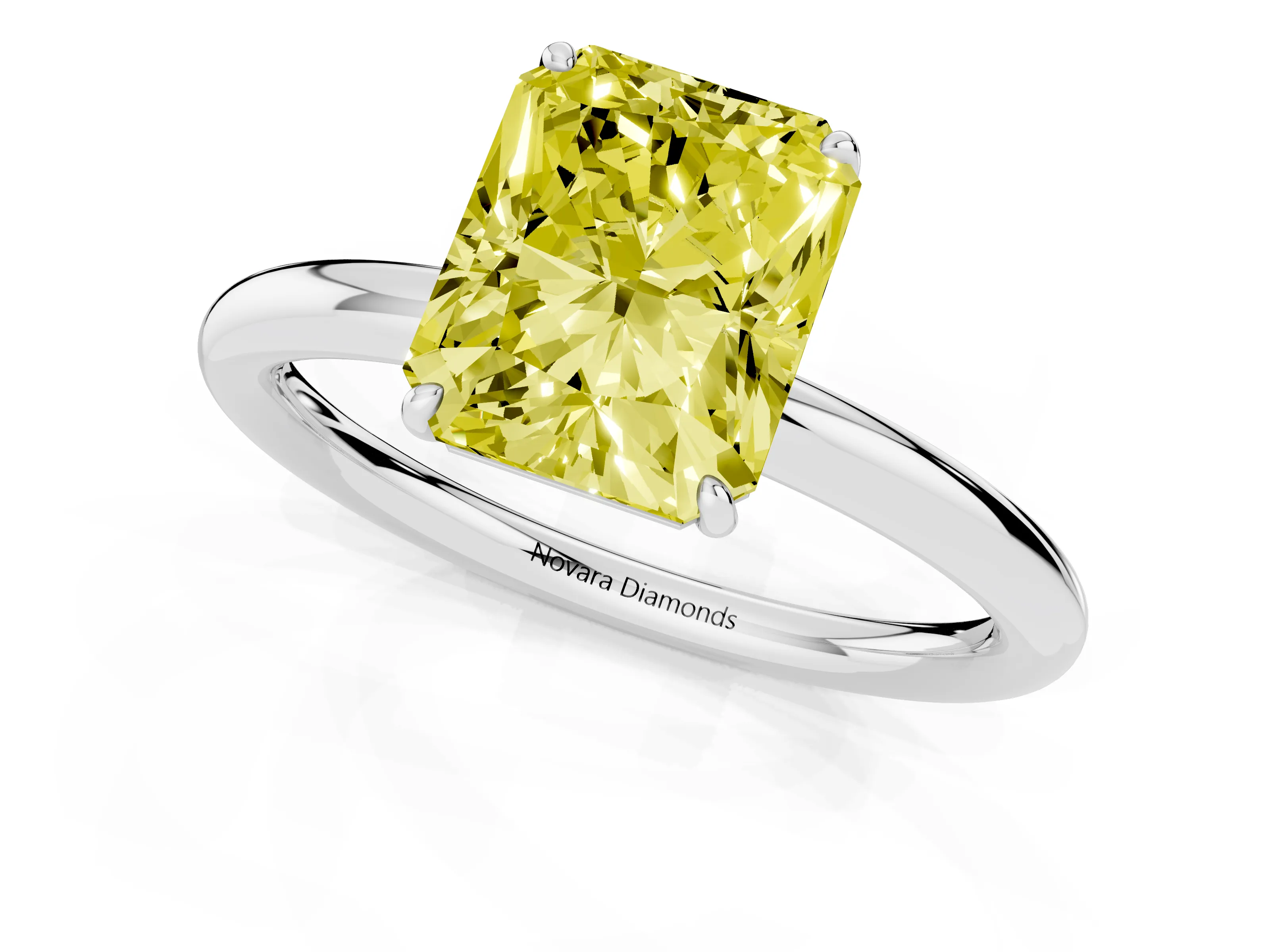 Fancy Yellow Radiant Cut Diamond Solitaire Ring Set in Platinum with Prong Setting on a Polished Plain Band